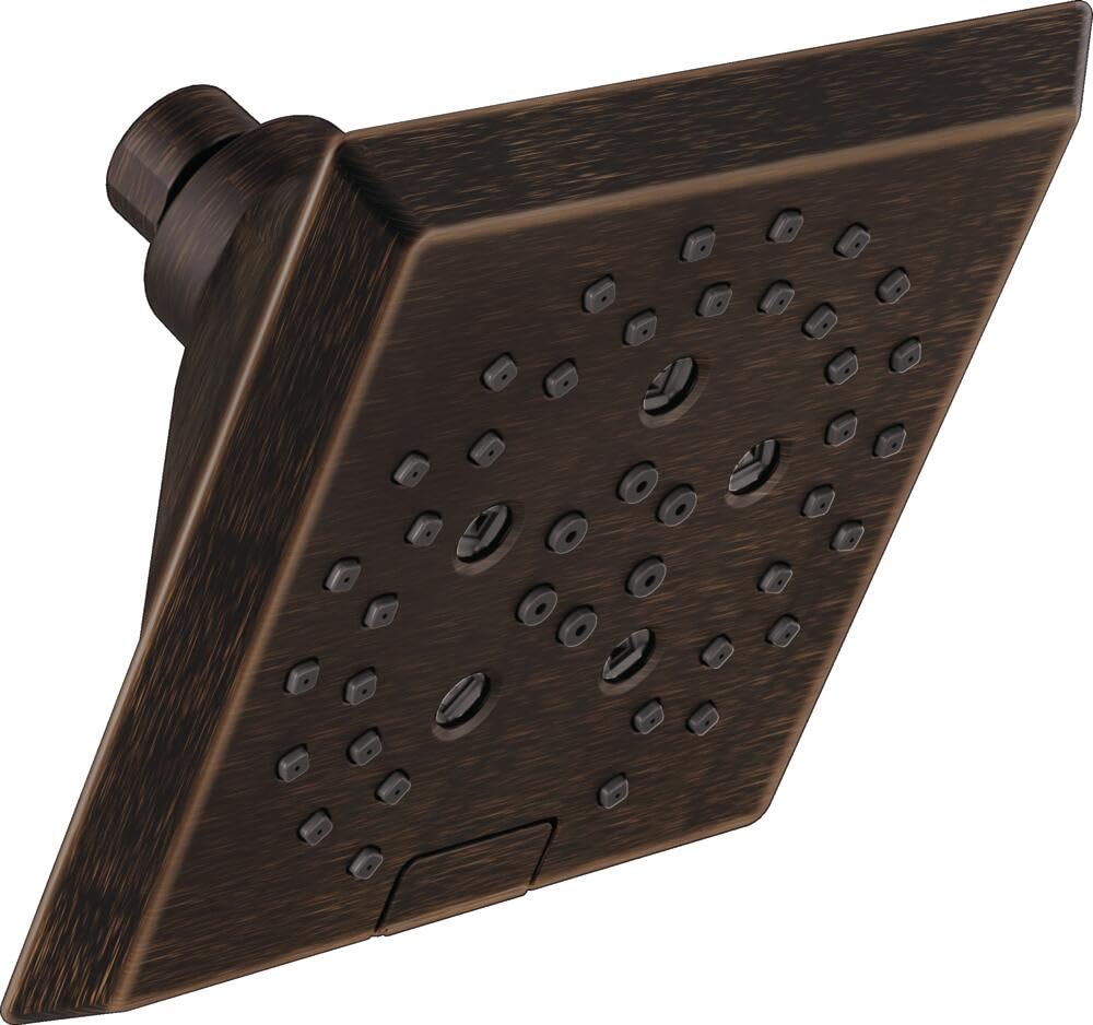 Angular bronze raincan shower head with multiple spray nozzles and adjustable arm mount.