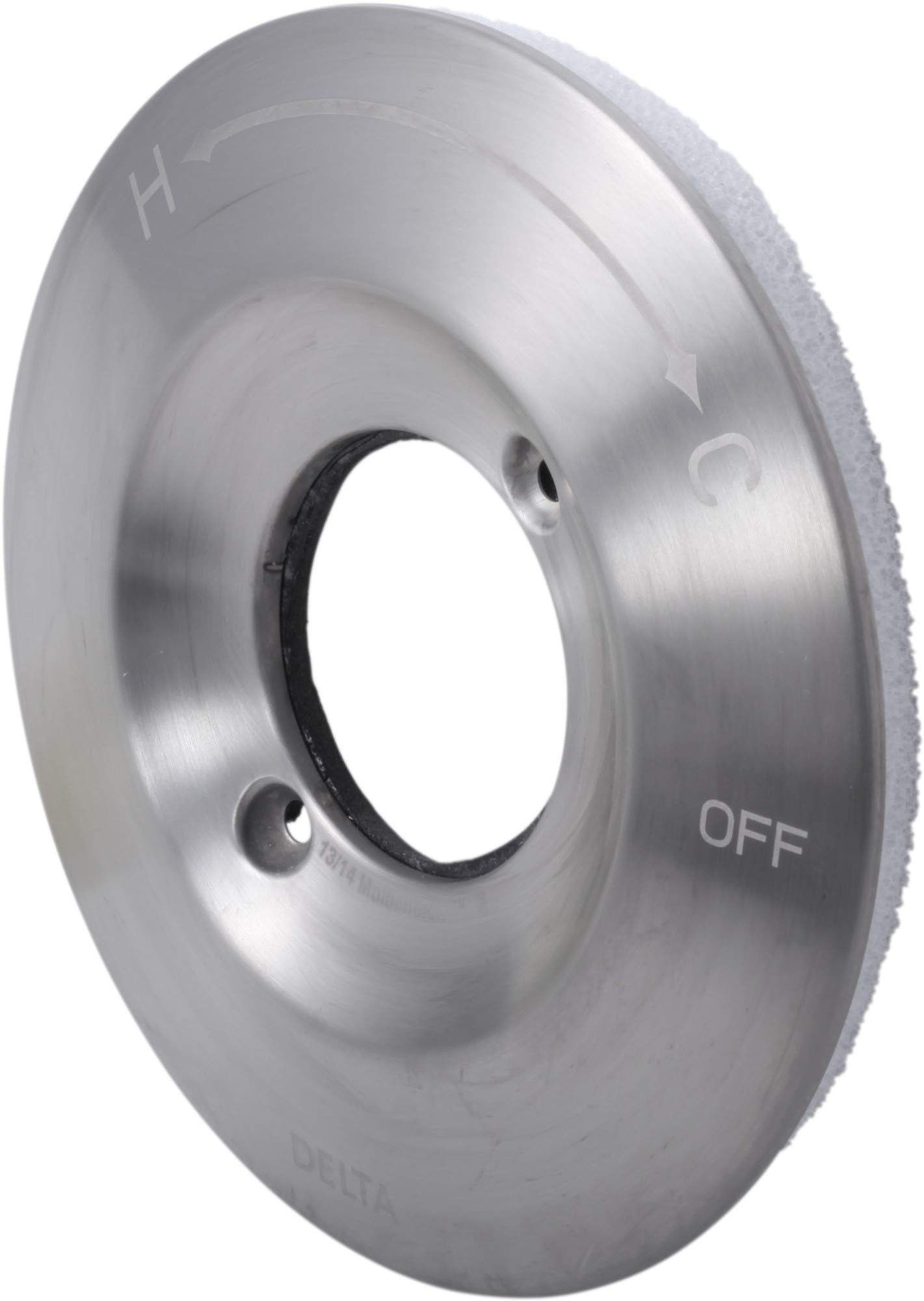 Stainless steel round escutcheon with central opening, mounting holes, and OFF markings for tub and shower valve trim.