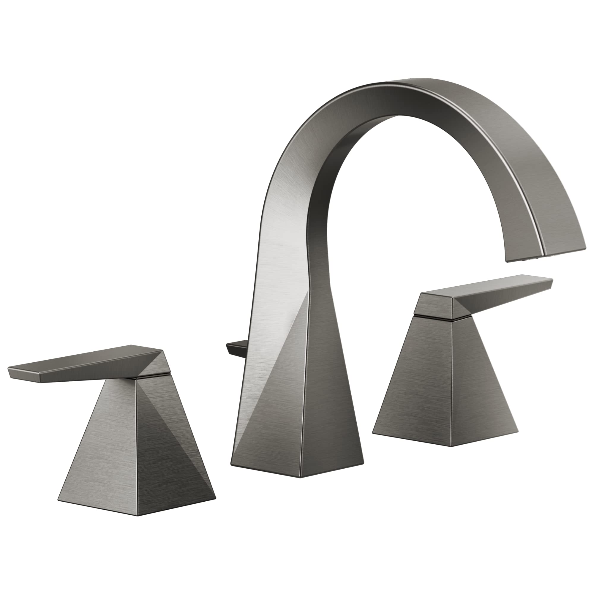 Brushed metal widespread bathroom faucet with arched spout and two tapered pyramid-shaped handles.