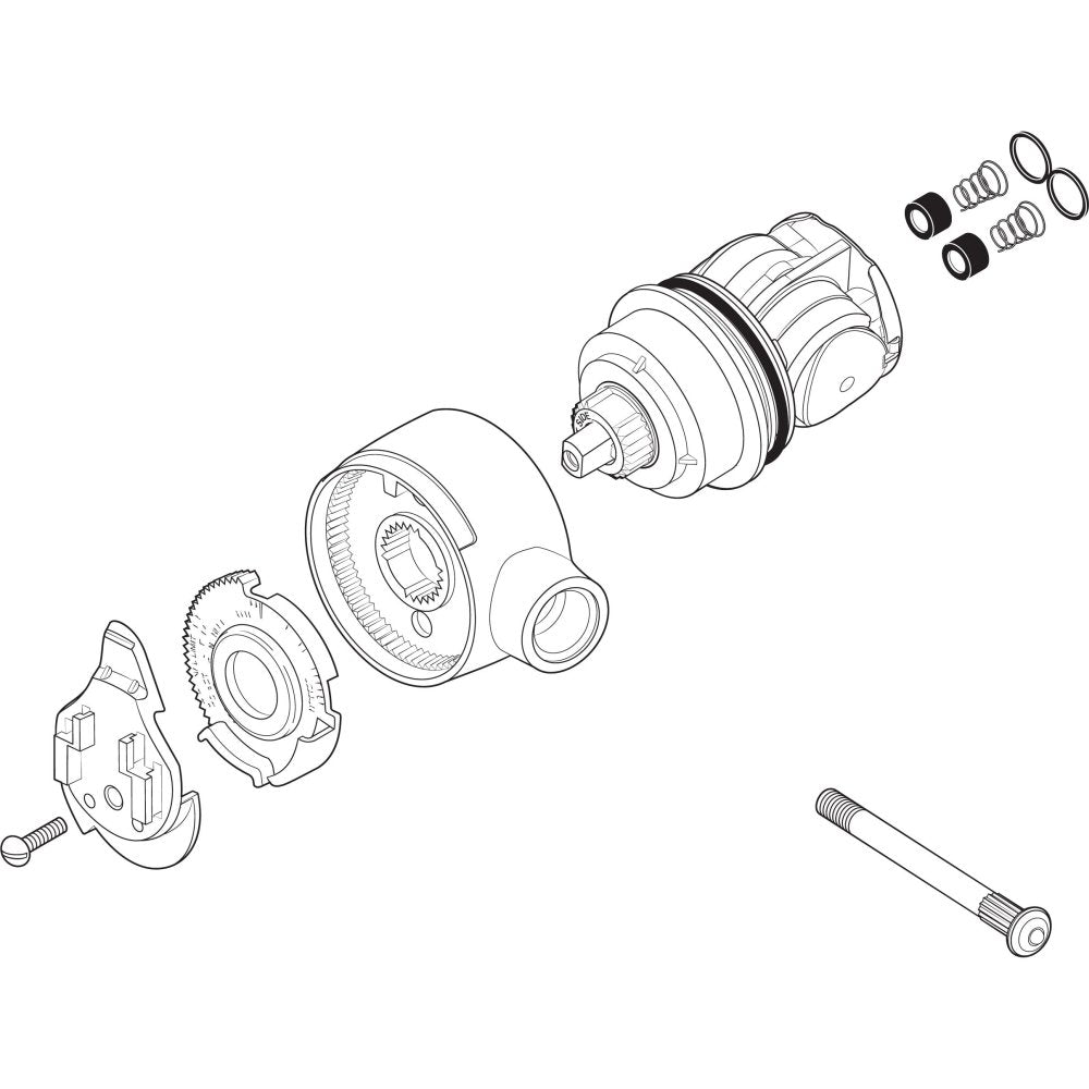 Chrome lever handle kit with cartridge and internal components displayed in exploded view diagram.