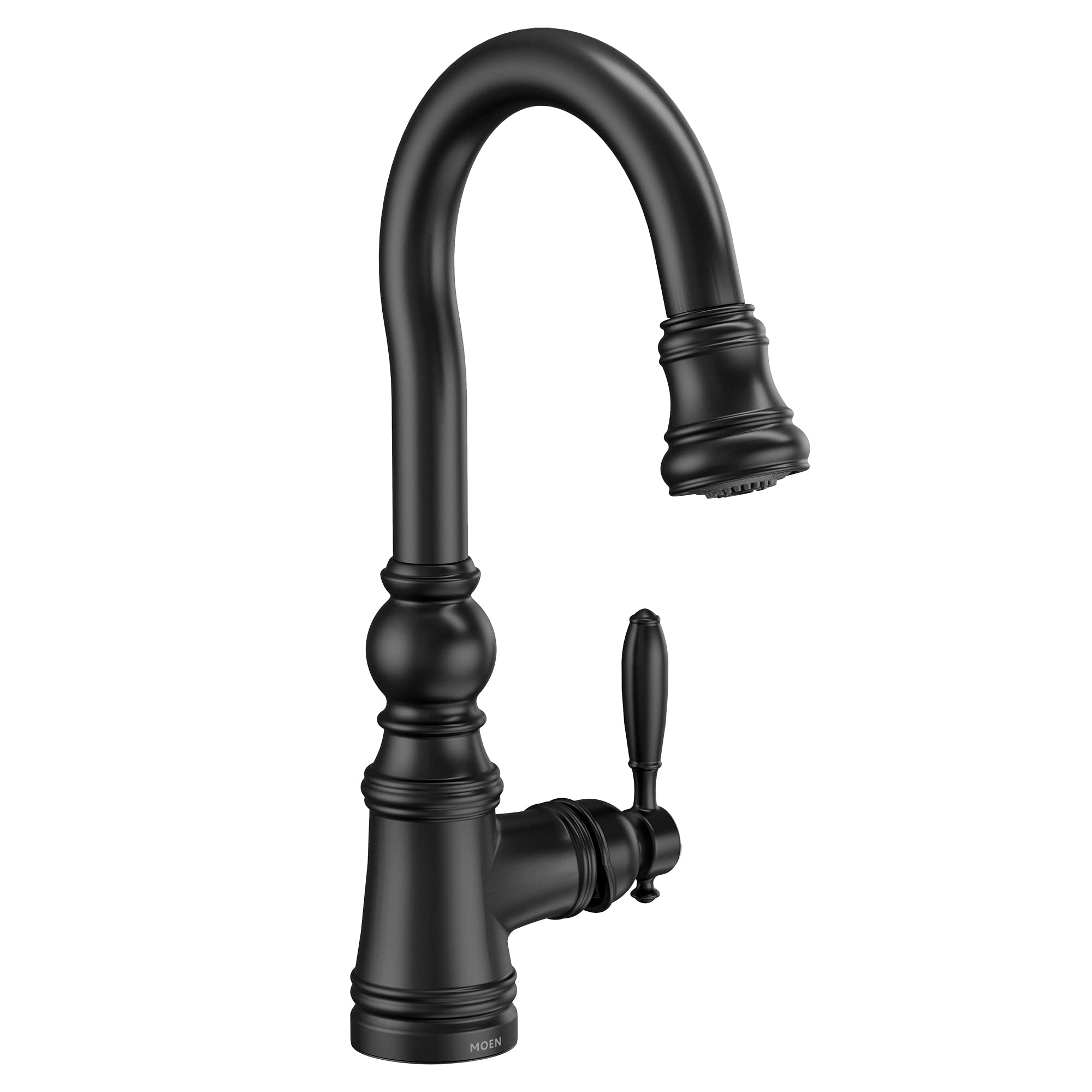 Matte black pulldown bar faucet with curved spout, single lever handle, and ringed detailing on base and spout.