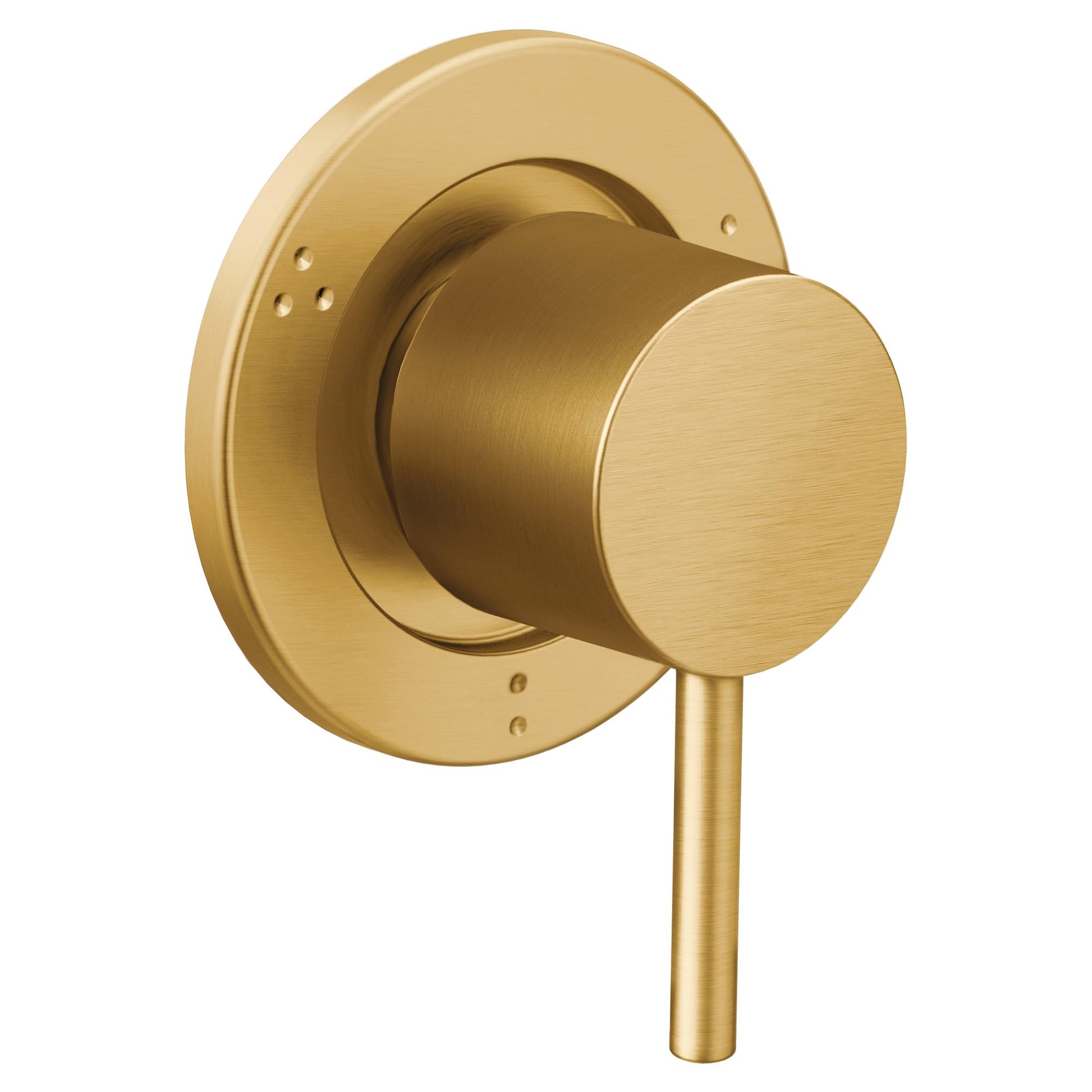 Brushed gold modern valve trim with circular escutcheon plate and cylindrical lever handle.