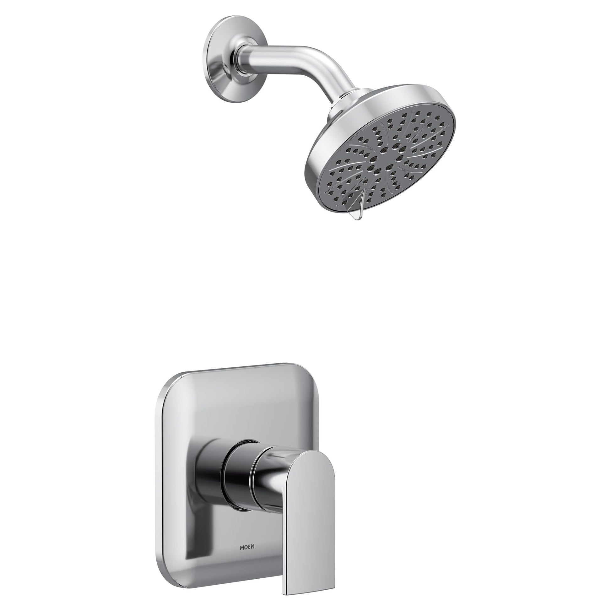 Chrome shower trim kit with single handle valve and round showerhead with perforations.
