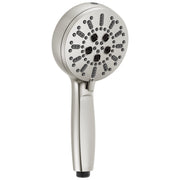 Stainless steel hand shower head with multiple spray jets and grip handle.