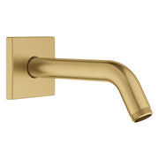Brushed gold shower arm with square wall mount and angled spout extending horizontally.