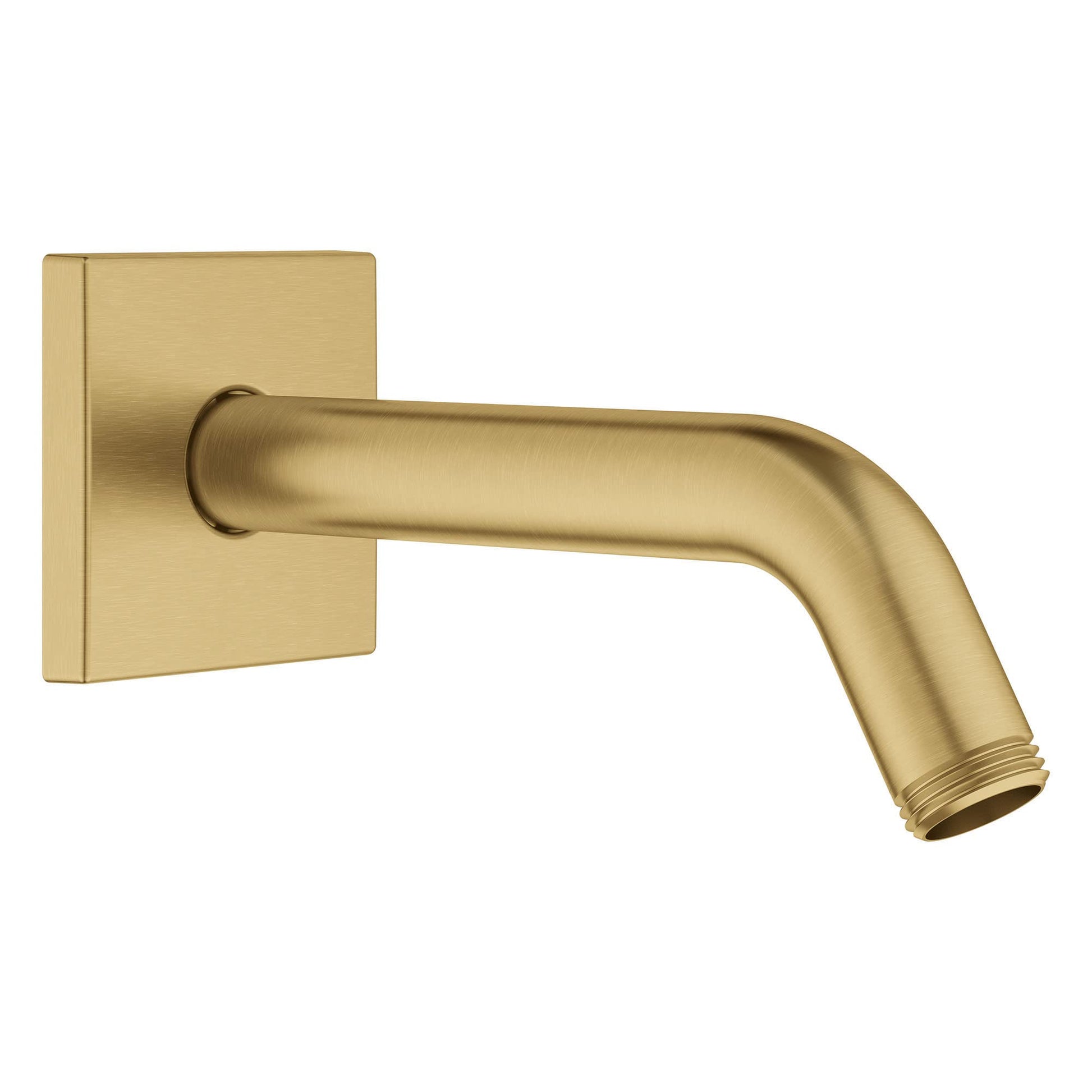 Brushed gold shower arm with square wall mount and angled spout extending horizontally.