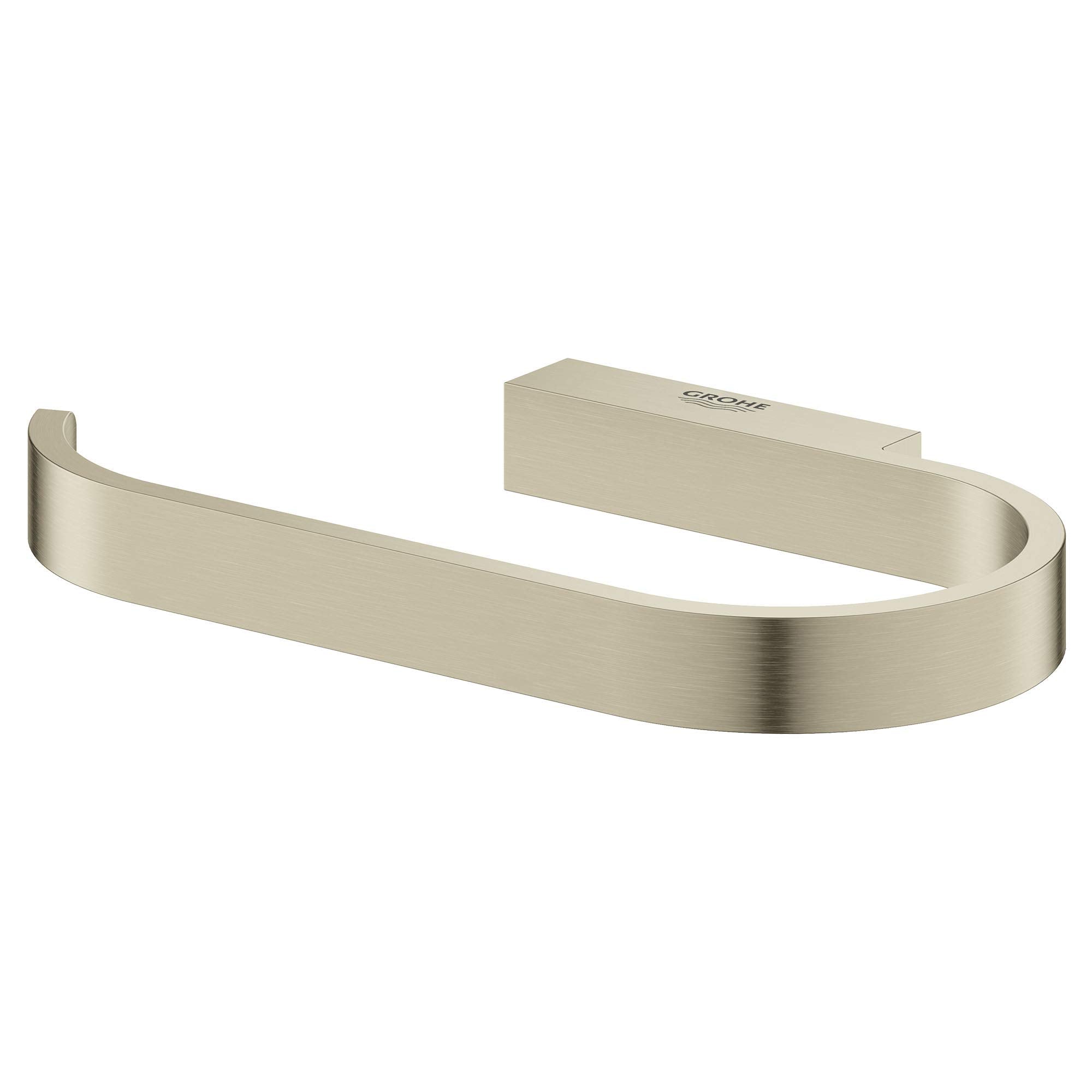 Brushed nickel curved paper holder with open ring design and mounting bracket.