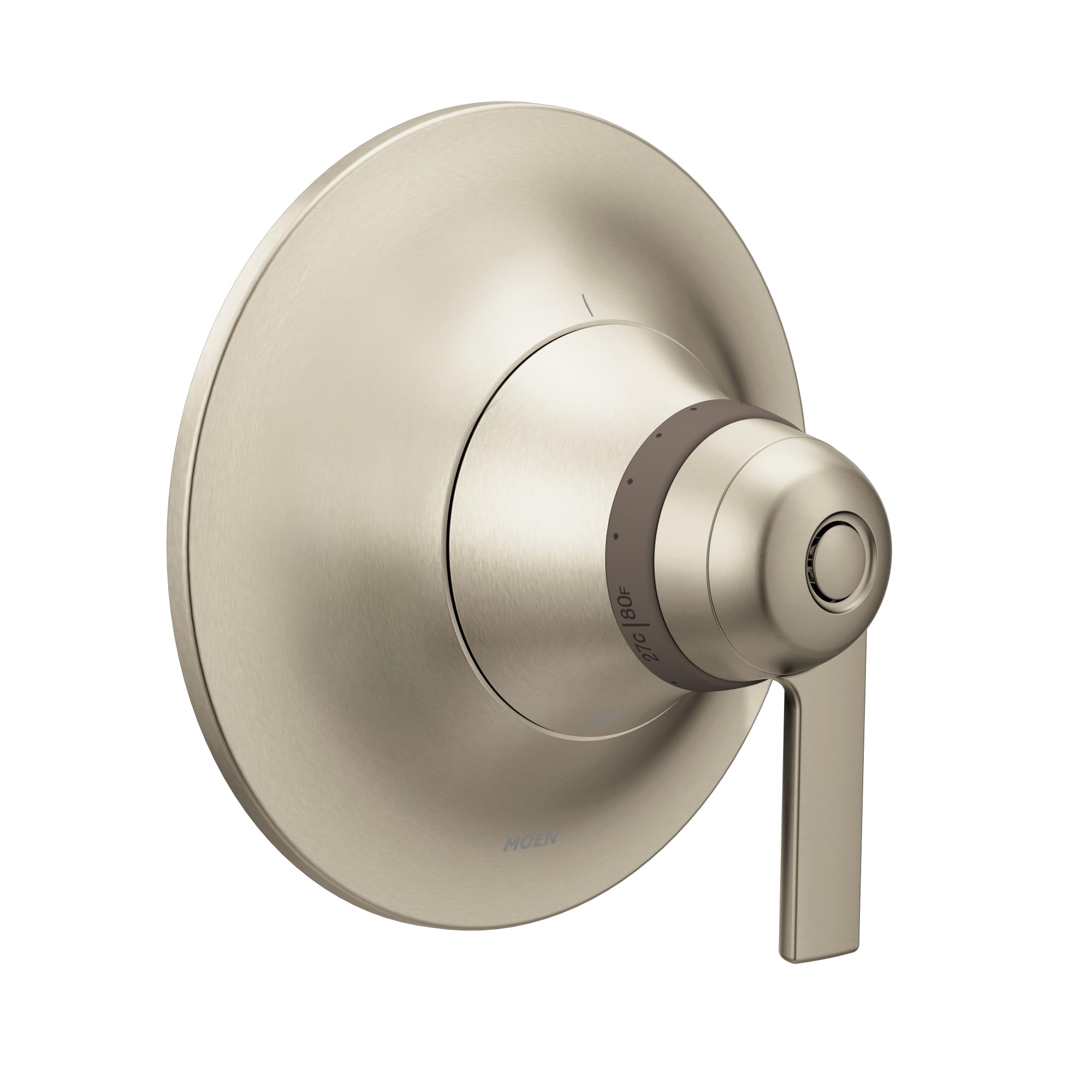 Brushed nickel shower valve trim with round escutcheon plate, cylindrical handle, and circular control knob.