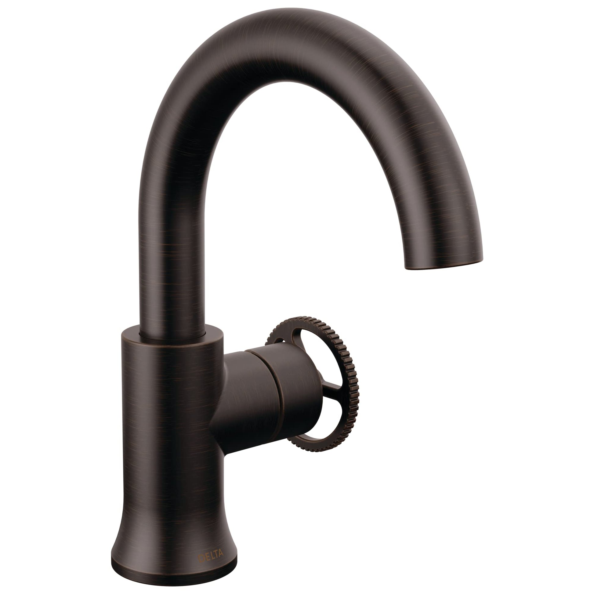 Single-handle bathroom faucet with high curved spout and textured wheel handle in matte black finish.
