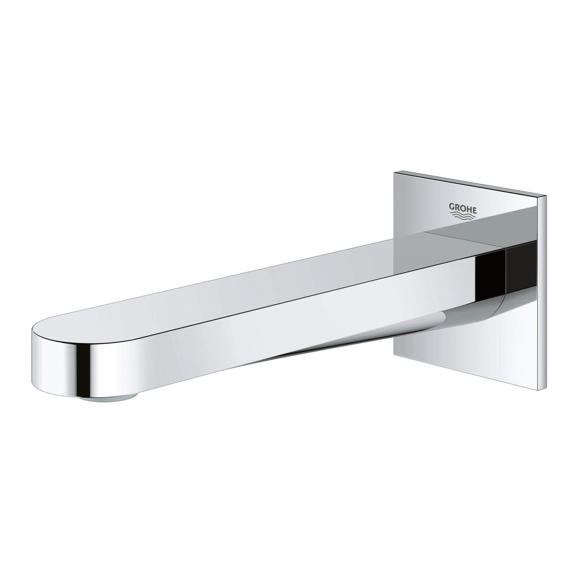 Grohe Plus chrome tub spout with curved outlet and wall-mounted rectangular mounting plate.