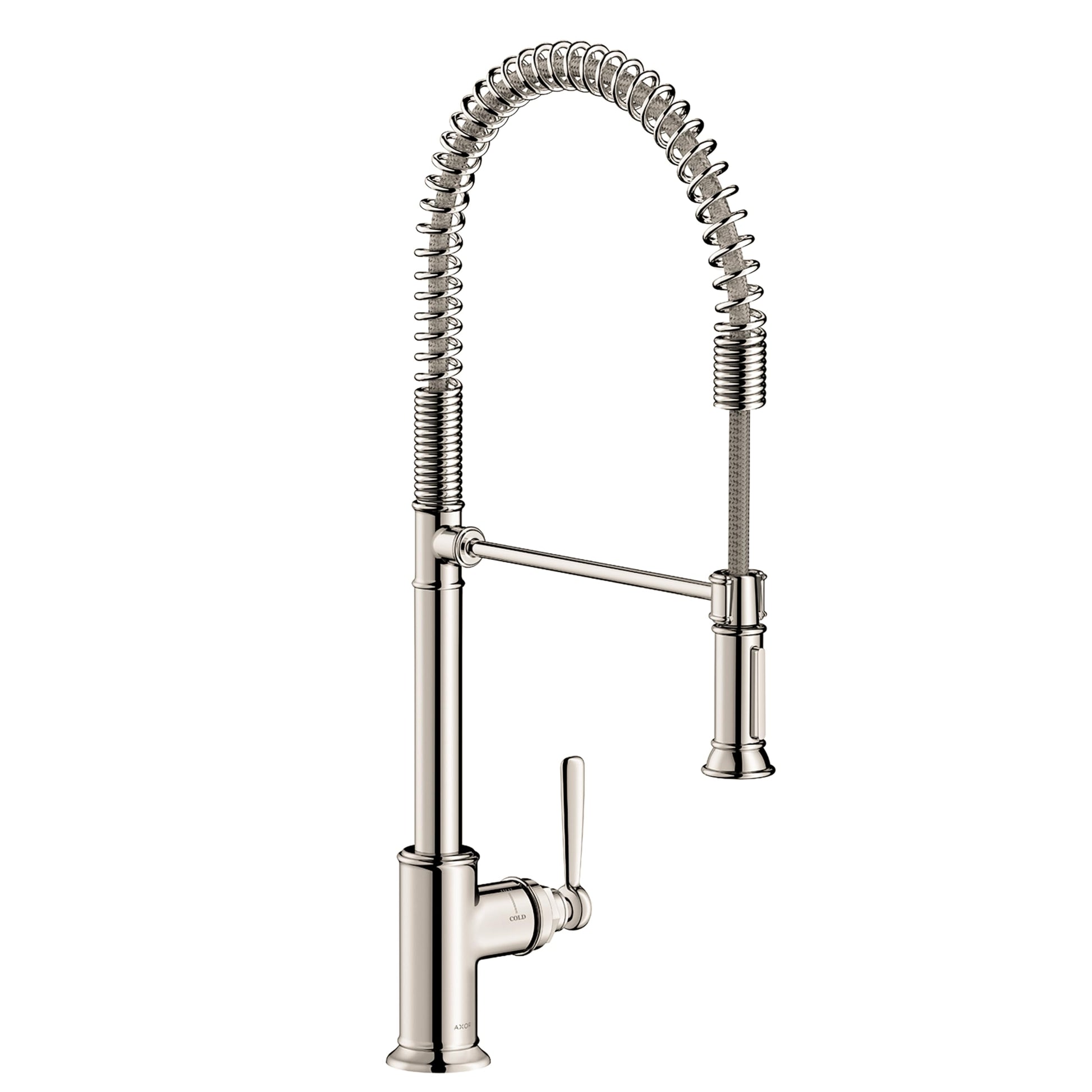 Polished nickel semi-pro kitchen faucet with coiled spray hose, single lever handle, and tall arched spout.