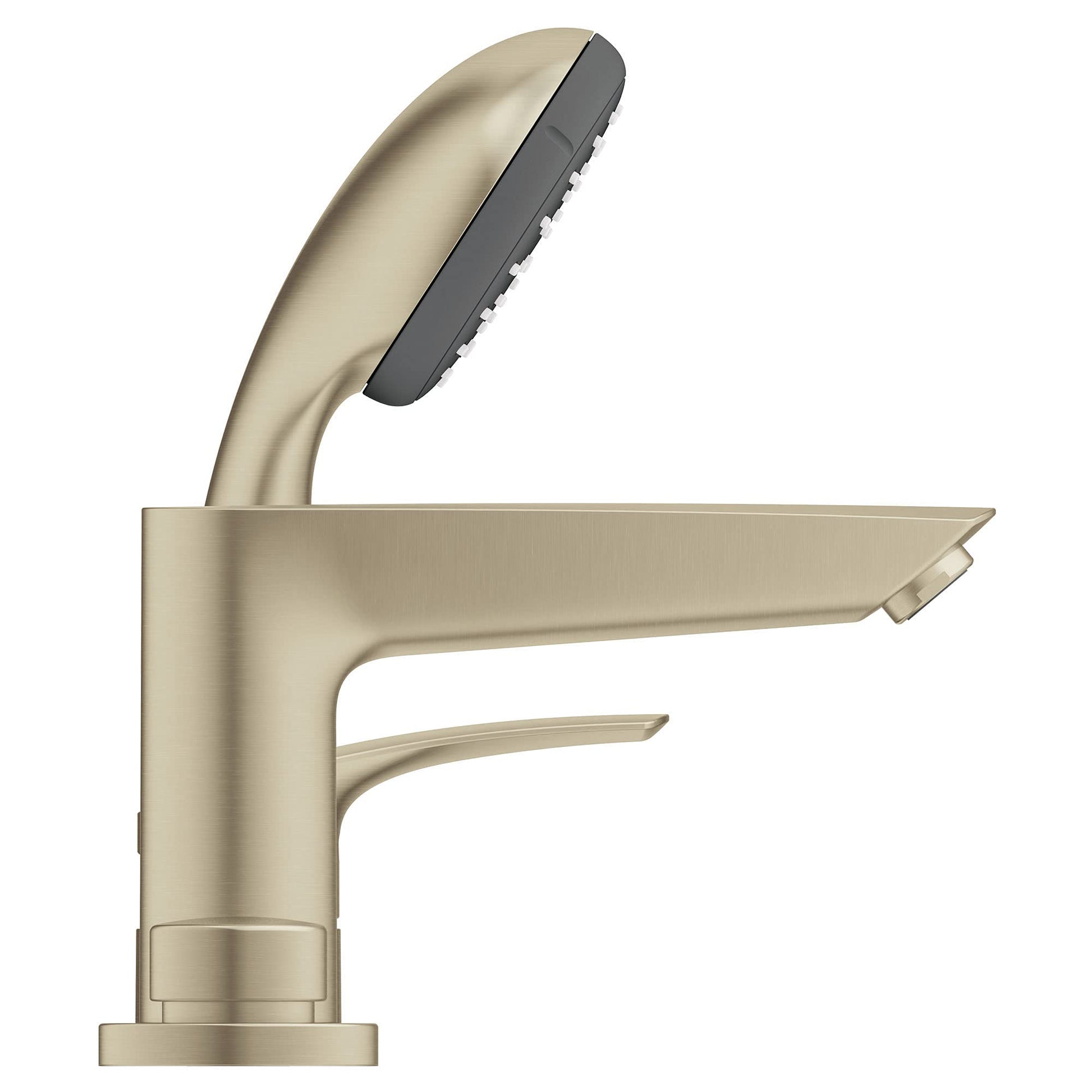 Brushed nickel single-handle deck mount tub faucet with curved spout, tub filler, and detachable hand shower.