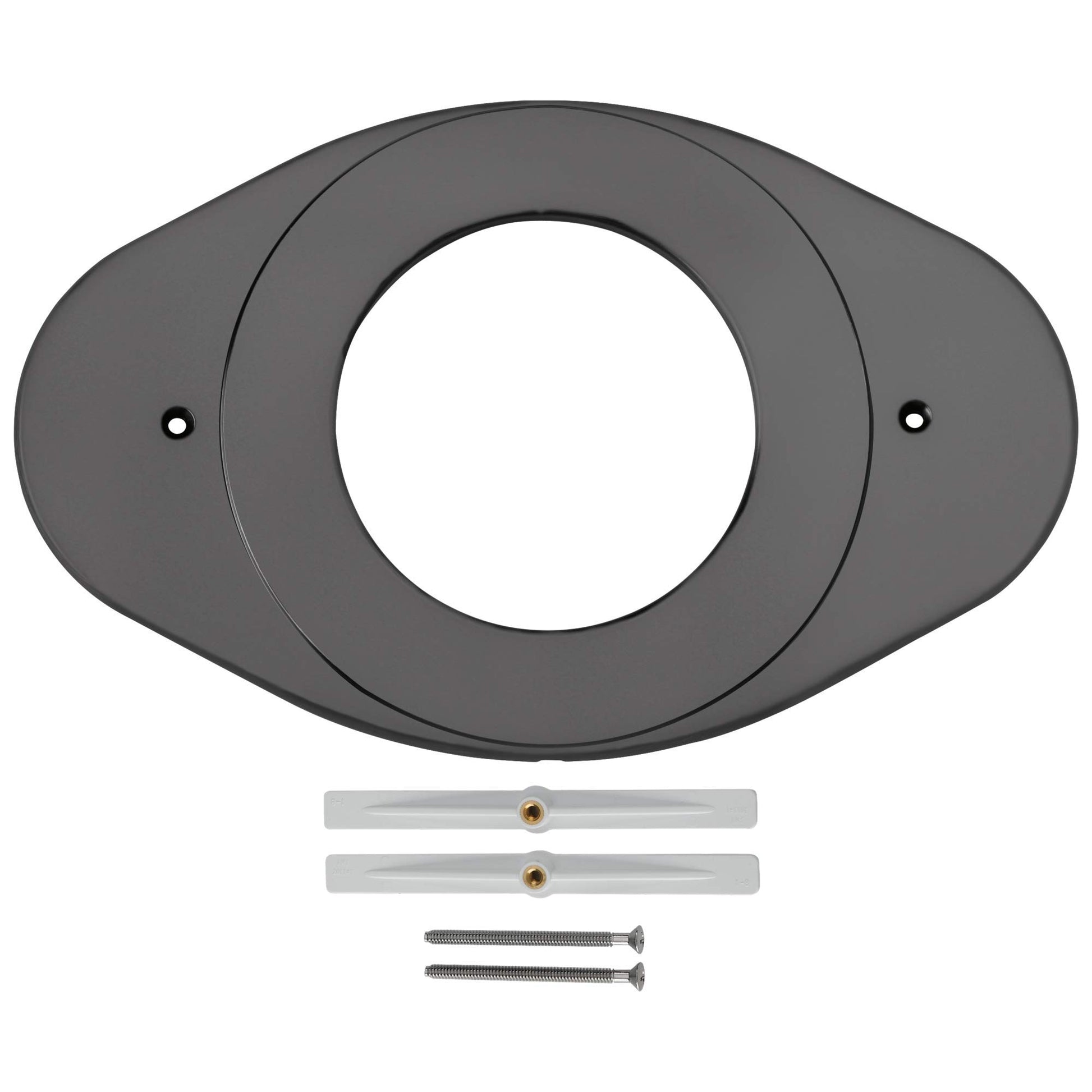 Matte black oval shower cover plate with center hole, mounting brackets, and screws included.