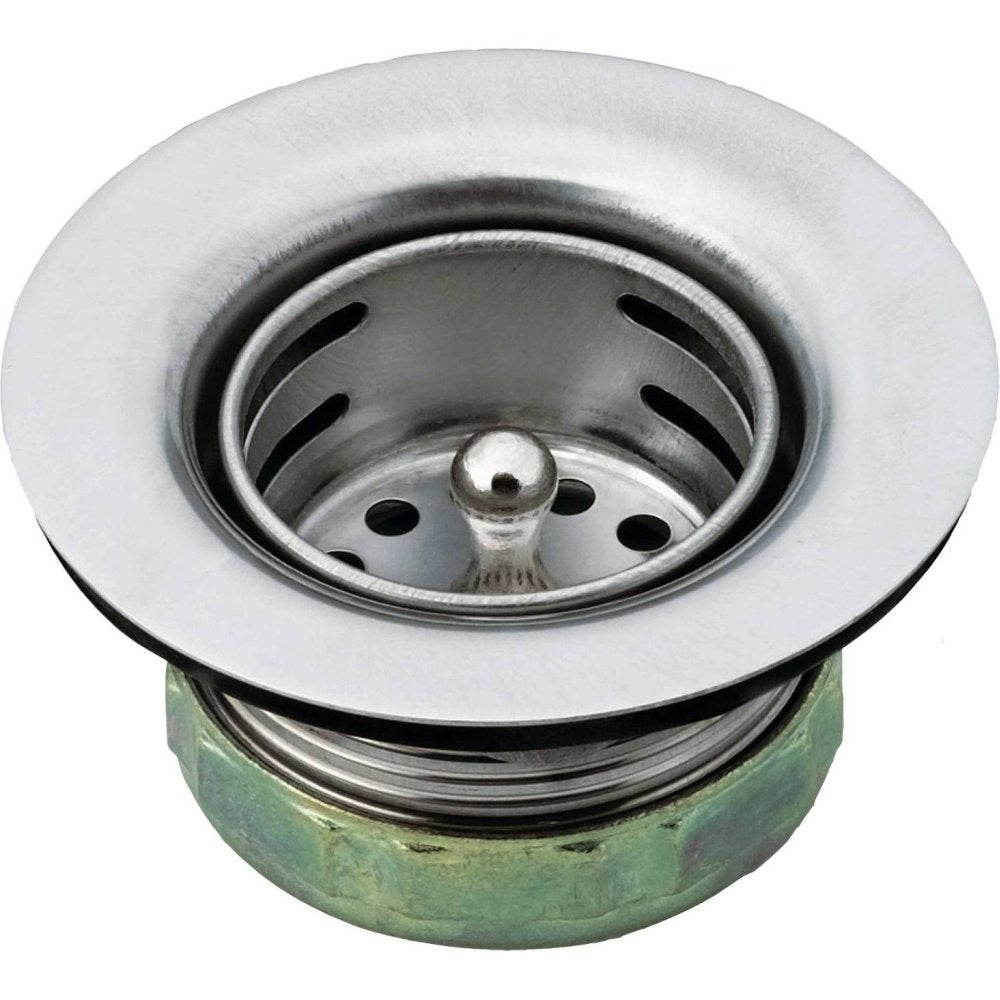 Chrome drain and strainer with stainless steel basket, perforated bowl, and manual stopper control for 2-inch sink openings.