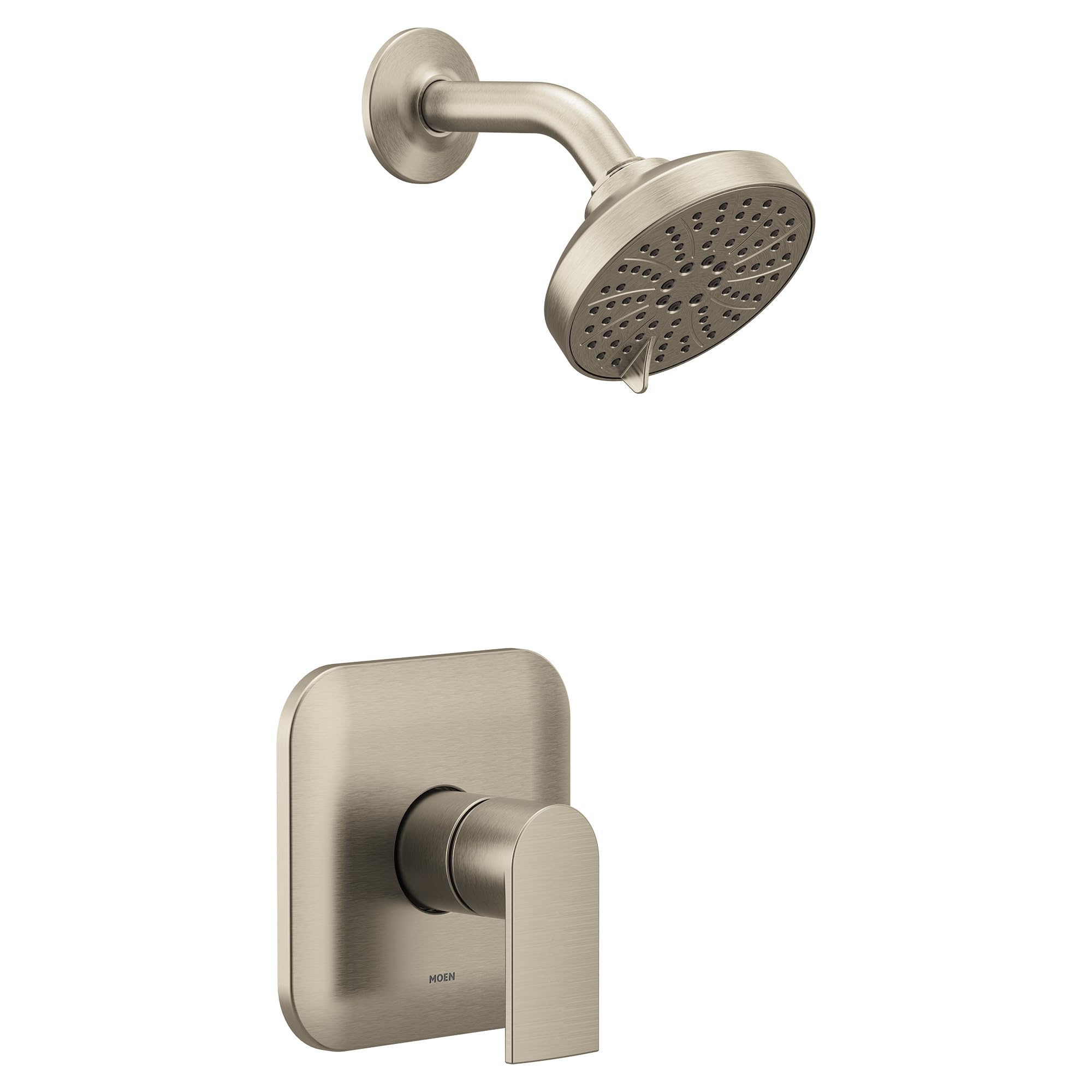 Brushed nickel shower trim kit with single lever handle and round showerhead with perforations.