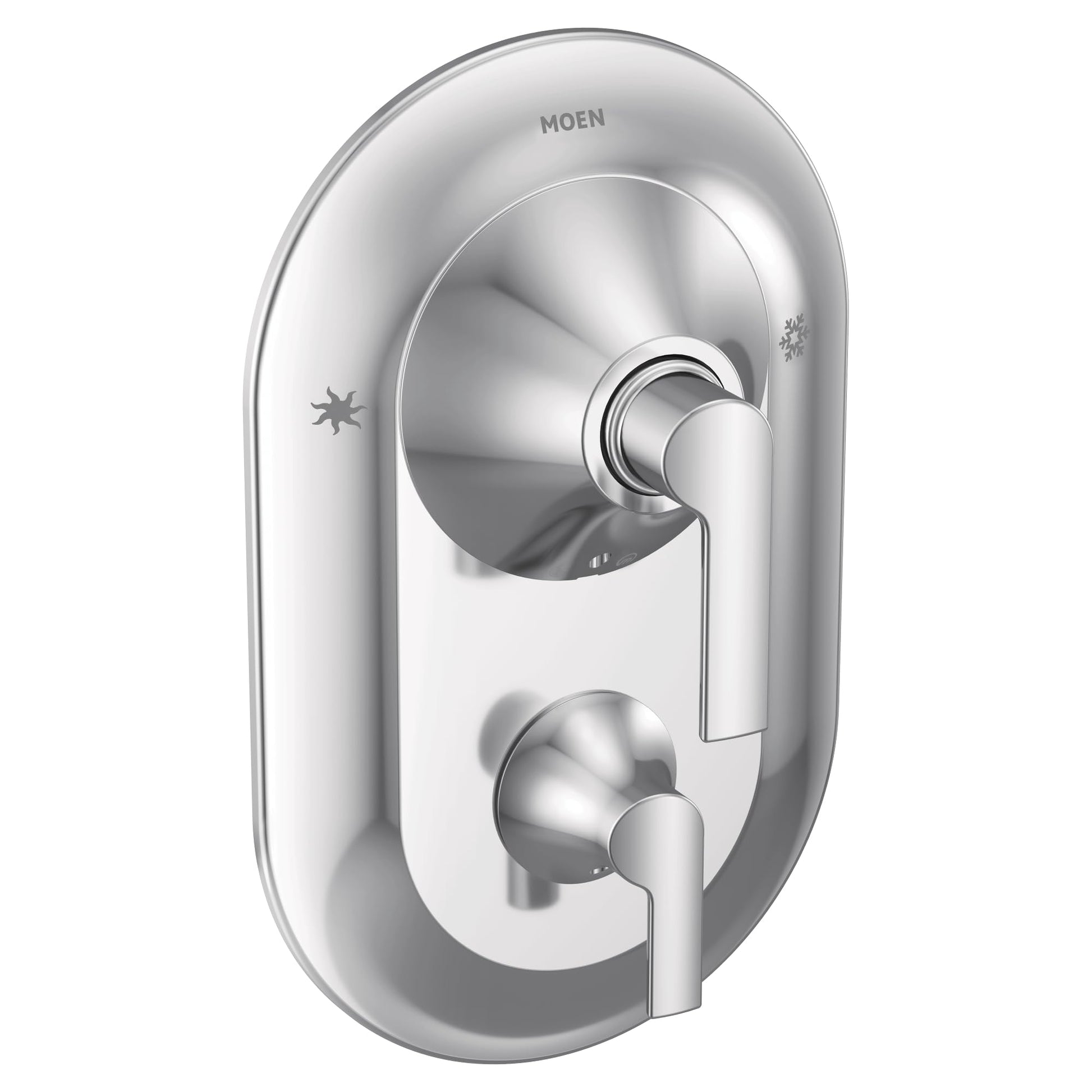 Chrome shower valve trim with dual lever handles and circular escutcheon plate, featuring Moen branding and function icons.