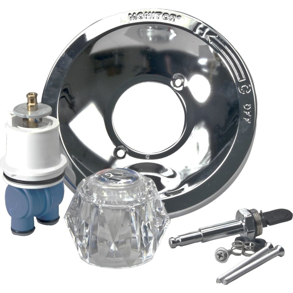 Delta RP77744 rebuild kit containing chrome escutcheon, clear knob handle, cartridge, and mounting hardware.