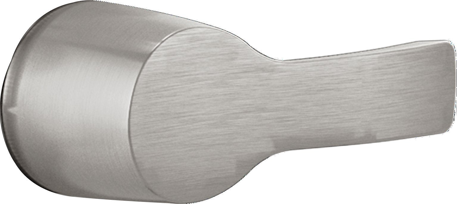 Stainless steel lever handle with brushed finish and curved cylindrical base for tub and shower valve.