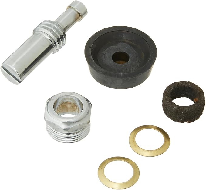 Sloan H-484-ASD repair kit containing chrome valve stem, black rubber diaphragm, metal connector, rubber washer, and two bras