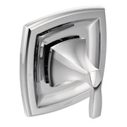Chrome shower valve trim with curved square escutcheon plate and single lever handle in polished finish.