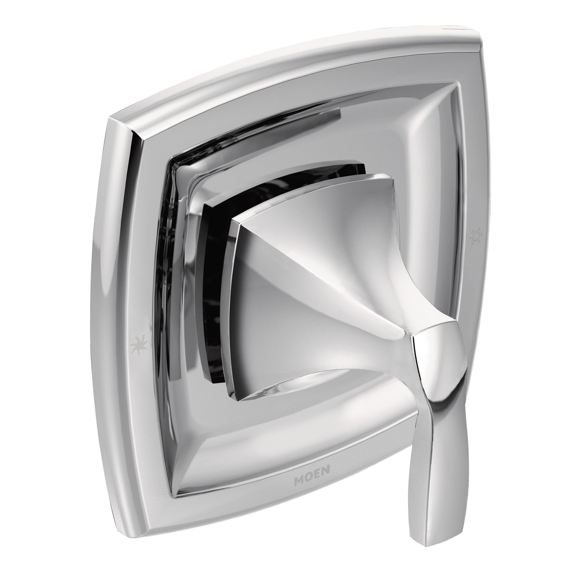 Chrome shower valve trim with curved square escutcheon plate and single lever handle in polished finish.