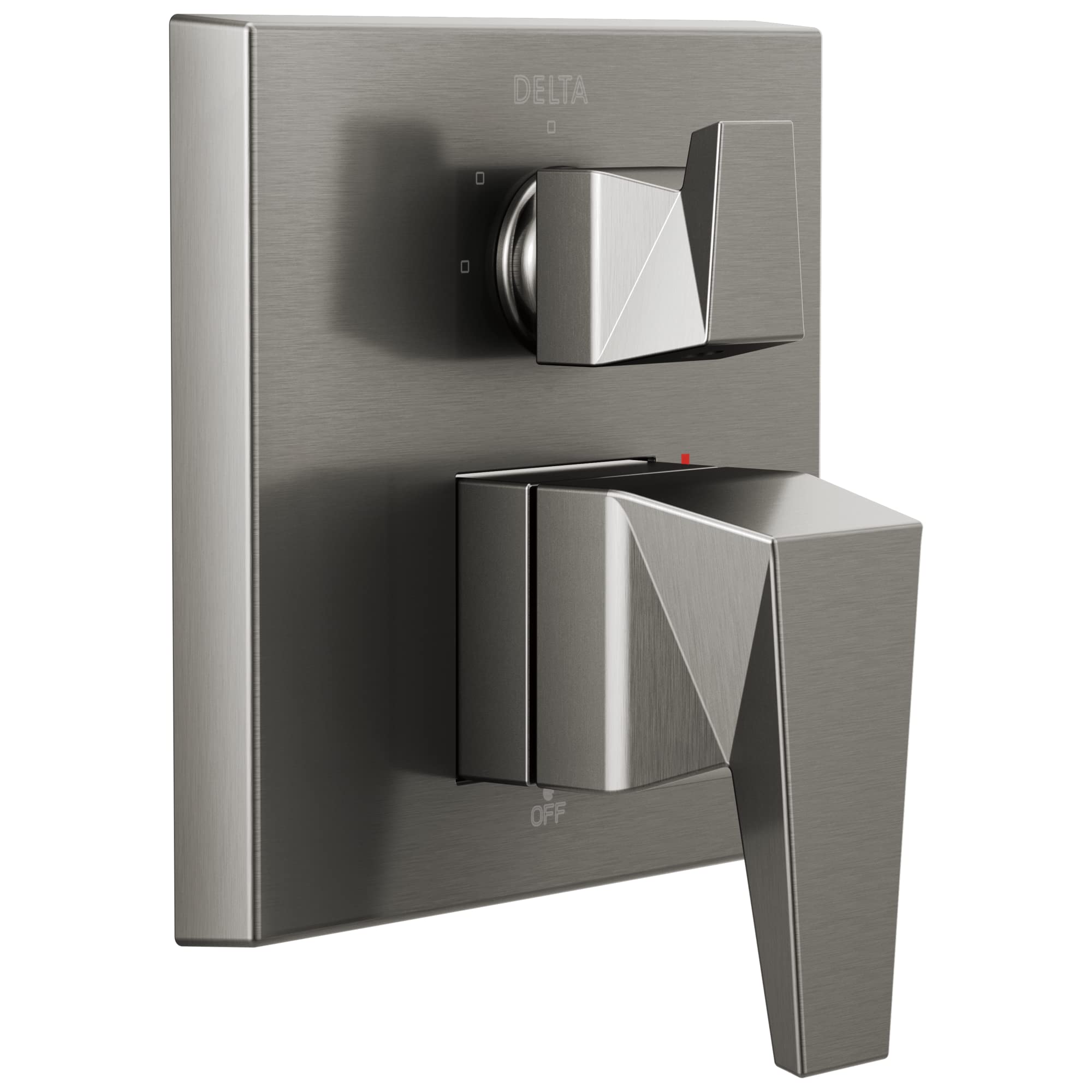 Brushed nickel two-handle shower valve trim with stacked rectangular handles and diverter control in center position.