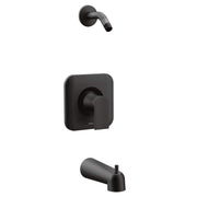Moen Genta matte black tub/shower valve trim with wall-mounted showerhead and tub spout.