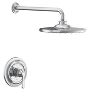 Chrome shower trim kit with single lever handle, round showerhead, and wall-mounted arm.