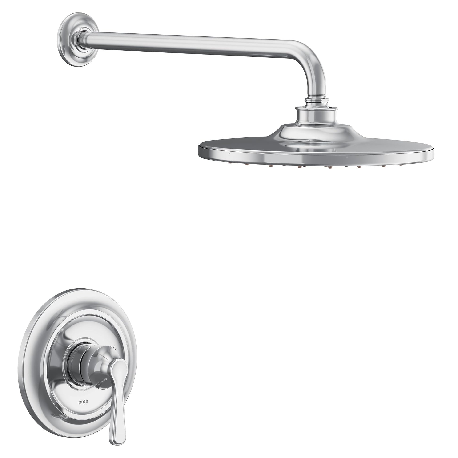 Chrome shower trim kit with single lever handle, round showerhead, and wall-mounted arm.