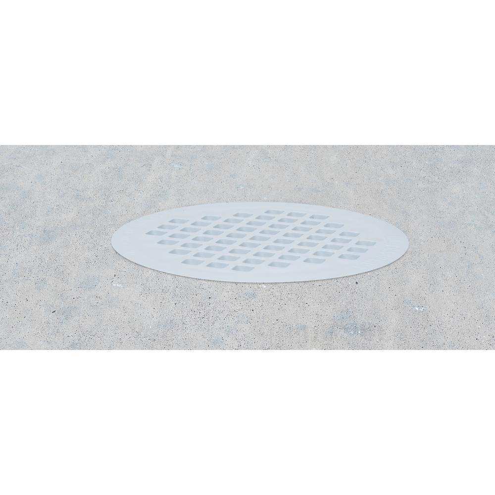 White 4-inch PVC floor drain with snap-in design and square perforated grate pattern installed in concrete.