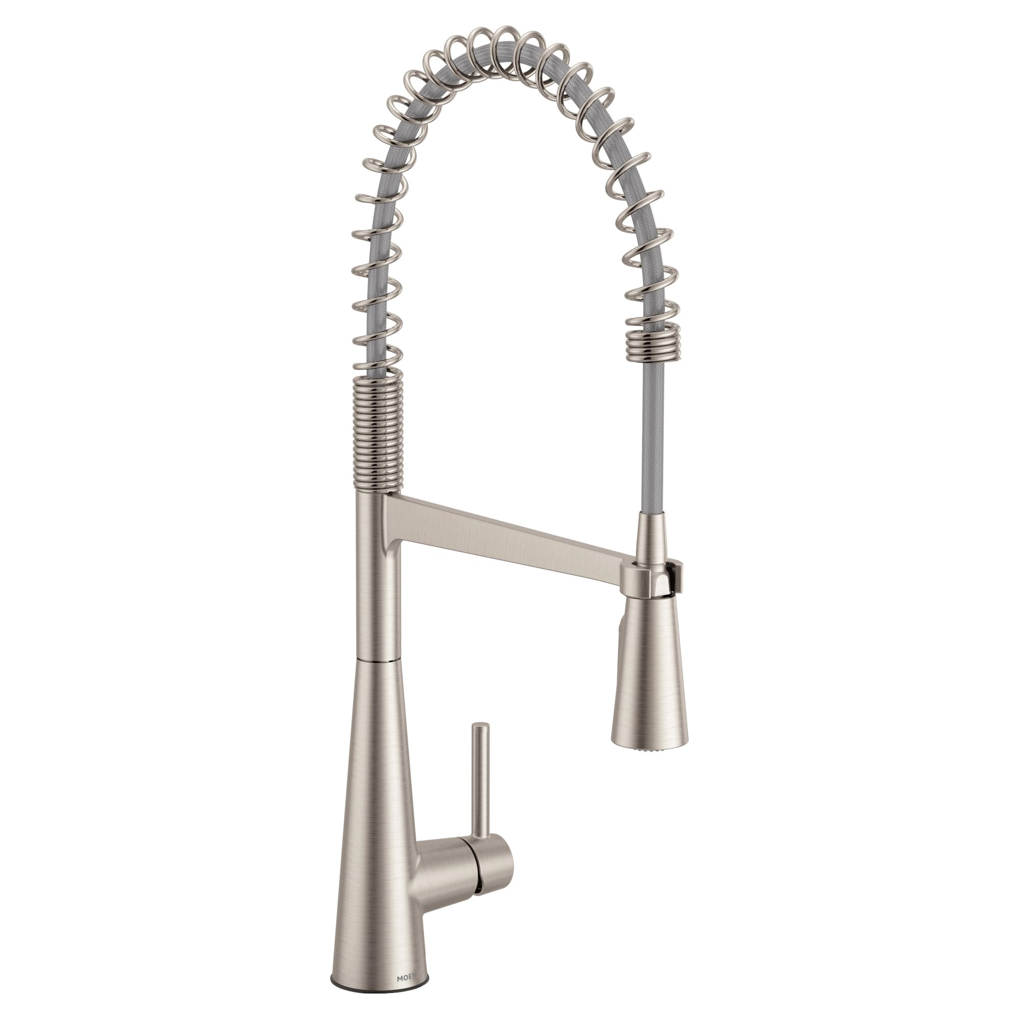 Stainless steel pull-down kitchen faucet with coiled hose and single side lever handle.
