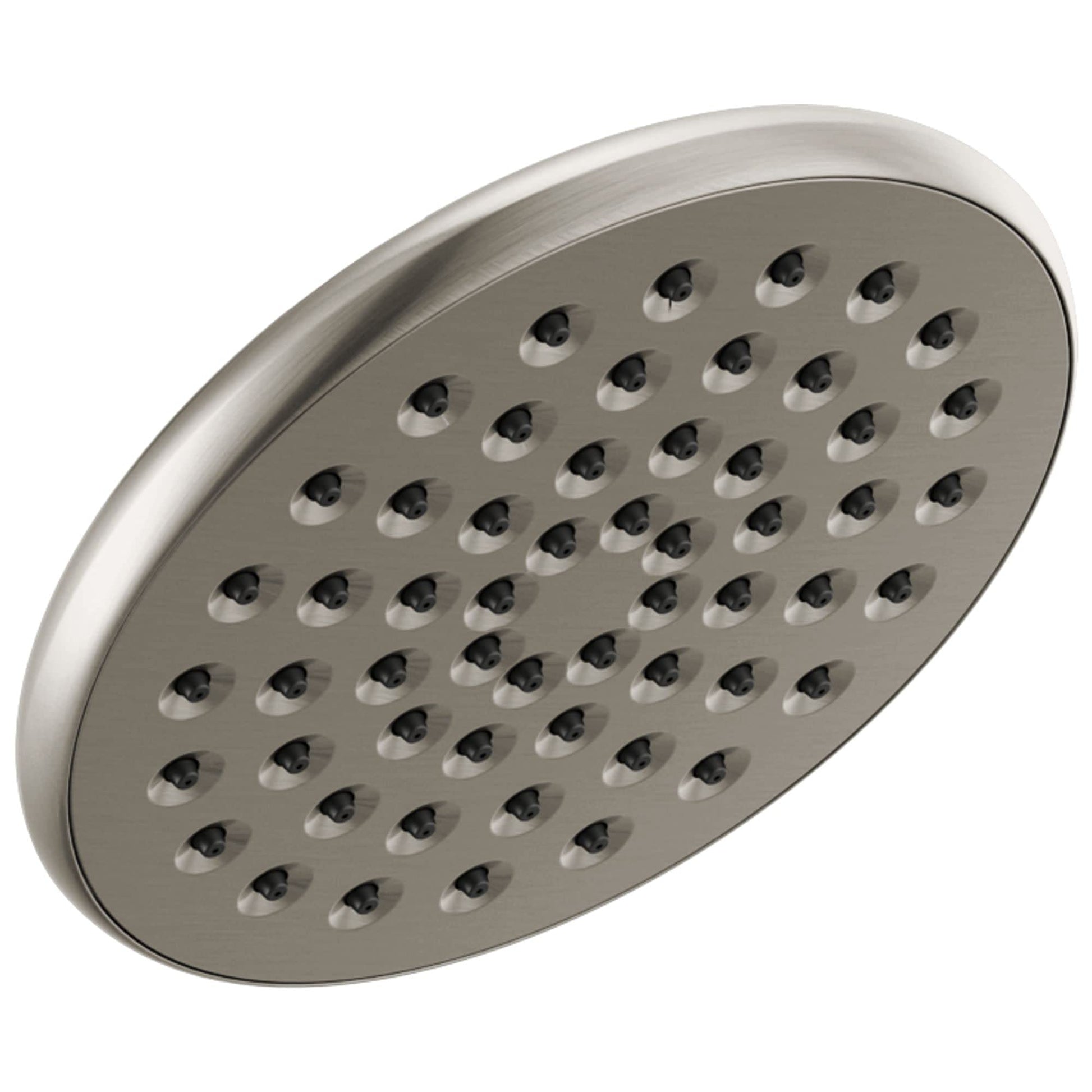 Round brushed nickel raincan shower head with multiple evenly spaced water jets against white background.