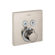 Square brushed nickel thermostatic shower trim with two function buttons and central temperature control dial marked to 100 d