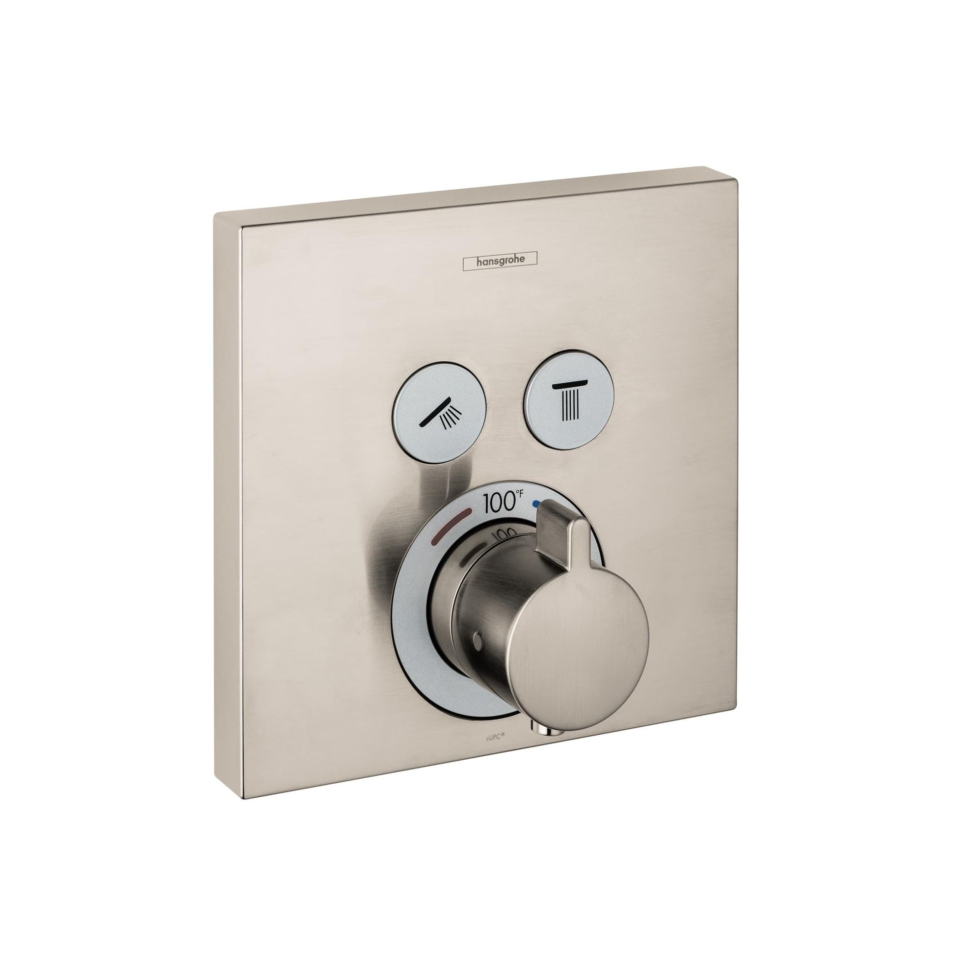 Square brushed nickel thermostatic shower trim with two function buttons and central temperature control dial marked to 100 d