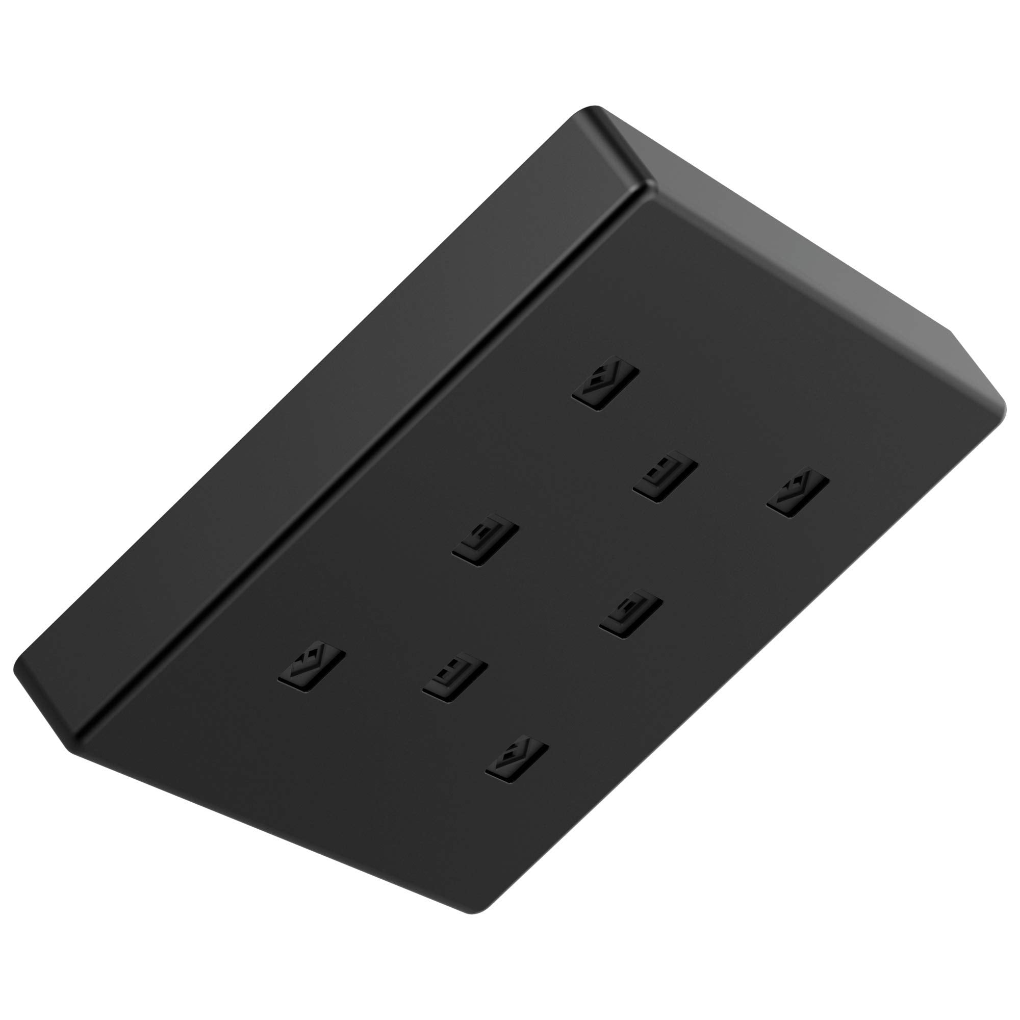 Square metal rainfall shower head in matte black with multiple water jets arranged in rows.