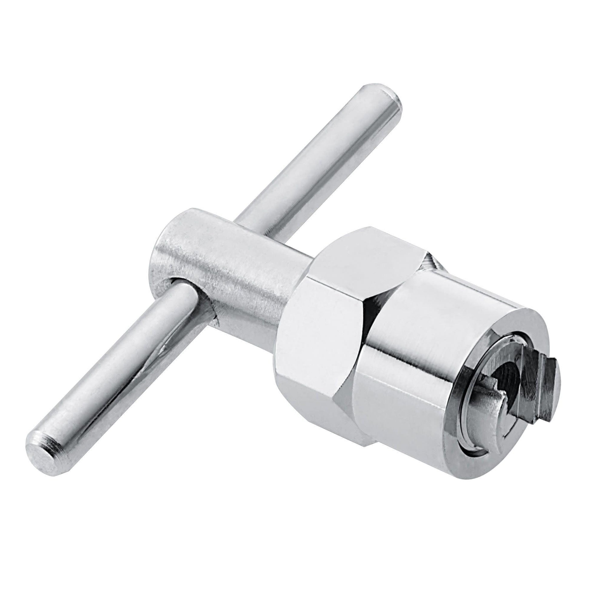 Metal cartridge puller tool with hexagonal grip section and cylindrical shaft for removing faucet cartridges.