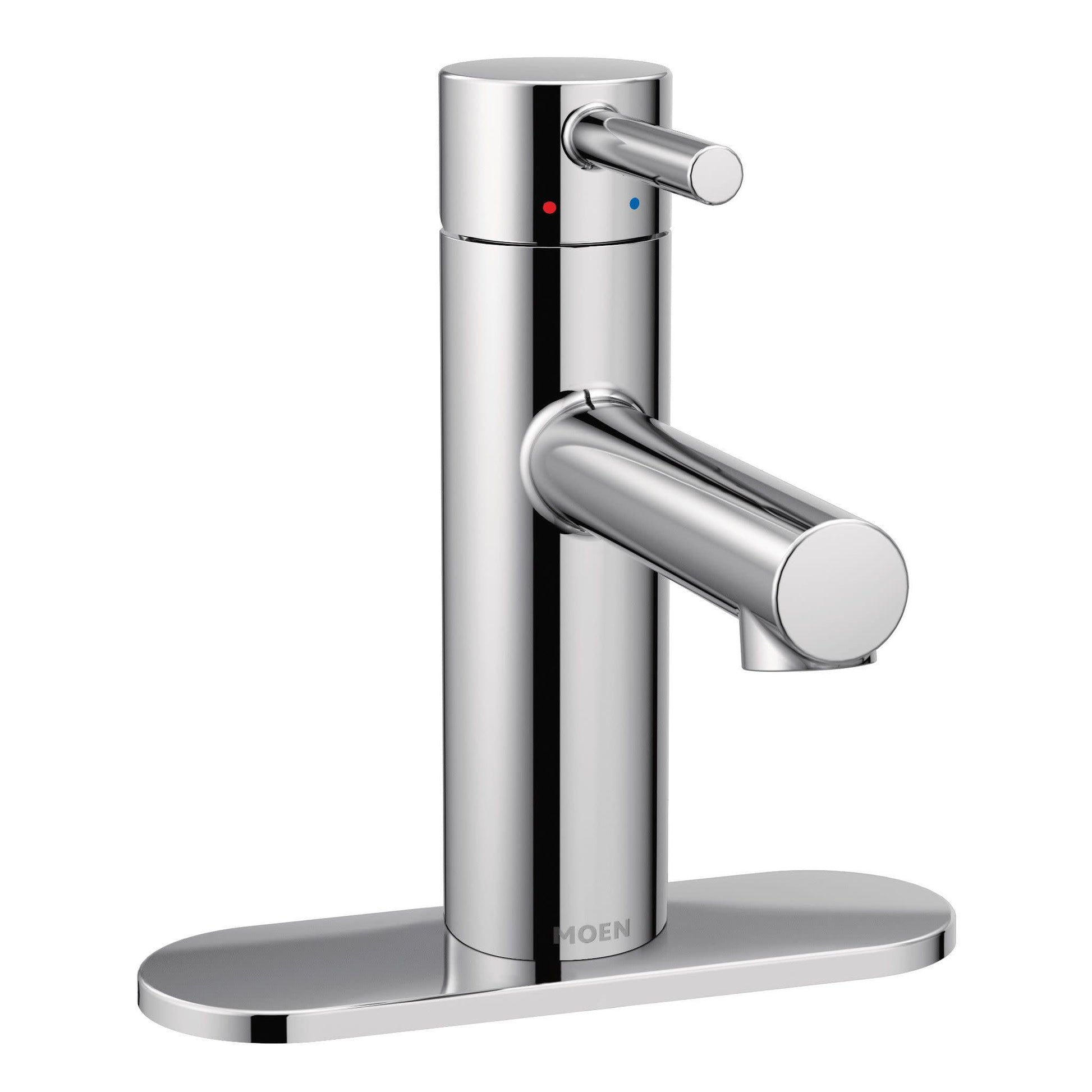 Chrome single-handle bathroom faucet with cylindrical body, lever spout, and matching deck plate base.