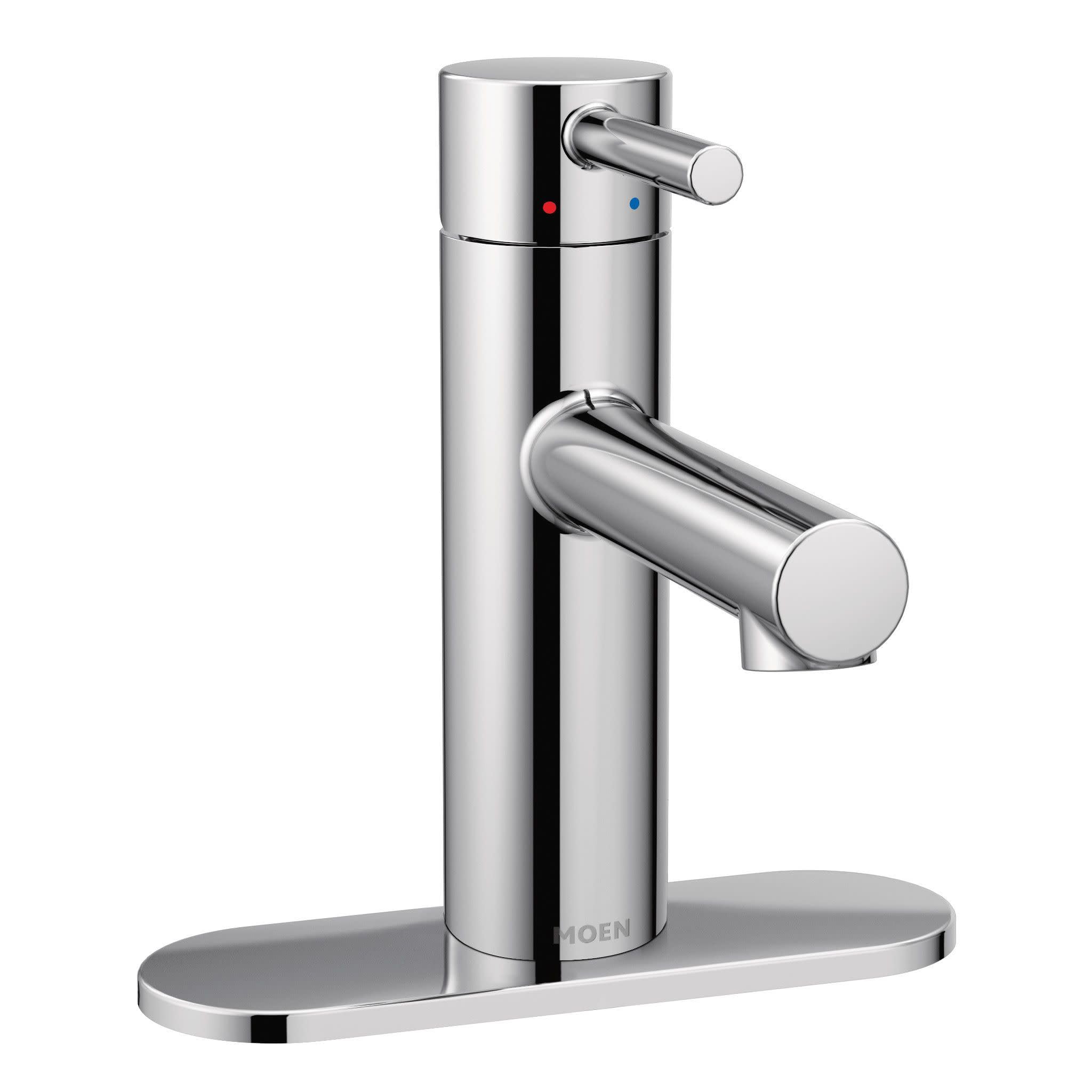 Chrome single-handle bathroom faucet with cylindrical body, lever spout, and matching deck plate base.