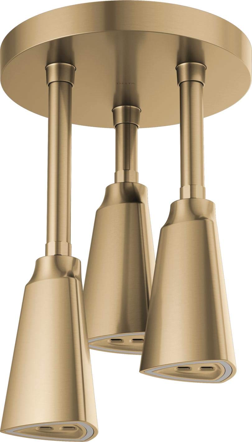 Brushed gold ceiling-mounted shower head with three pendant nozzles and LED light rings.