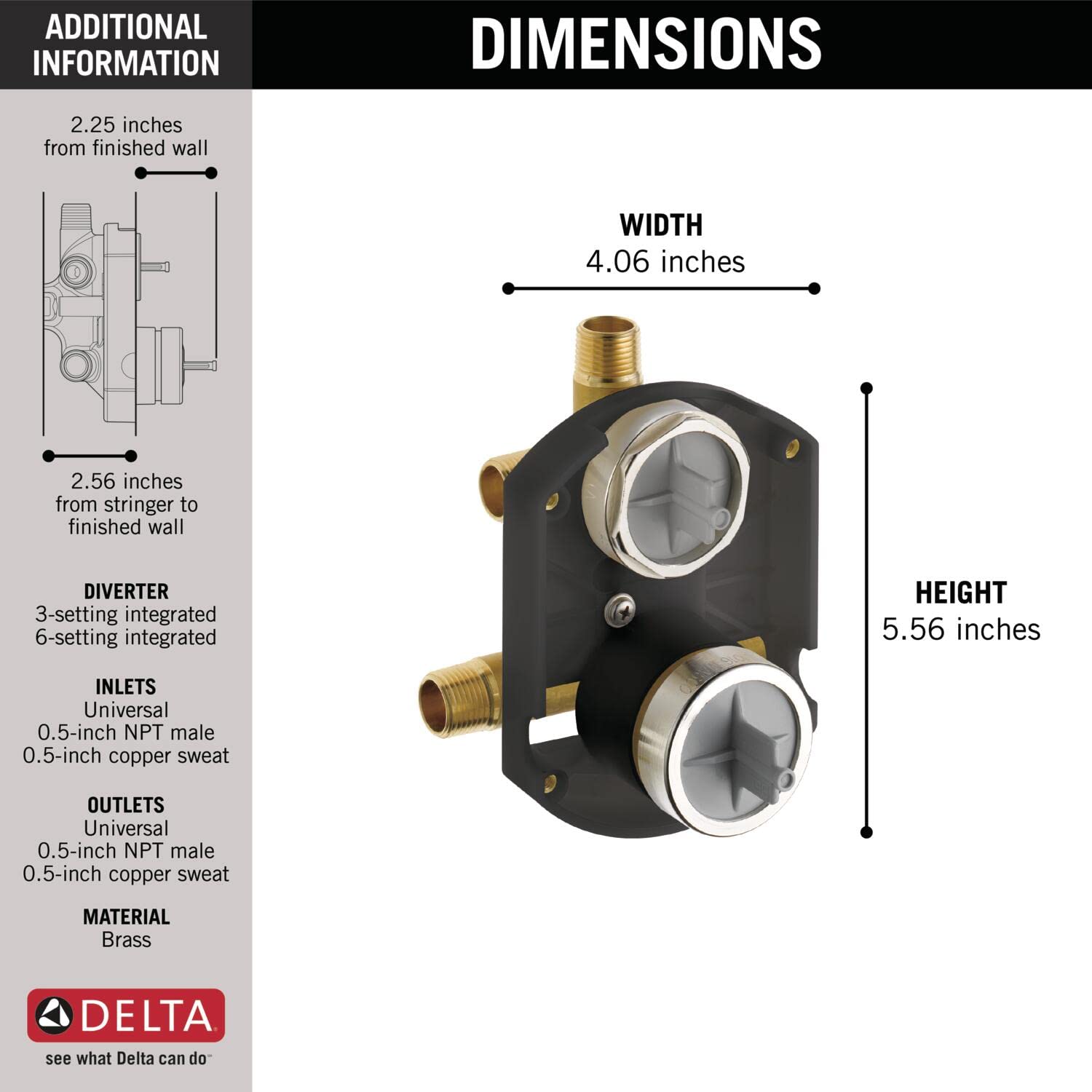 Brass shower diverter rough-in valve with dual outlets, 4.06 inches wide and 5.56 inches tall.