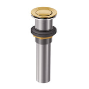 Pop-up bathroom sink drain with brushed gold cap, stainless steel body, and black rubber seal components.