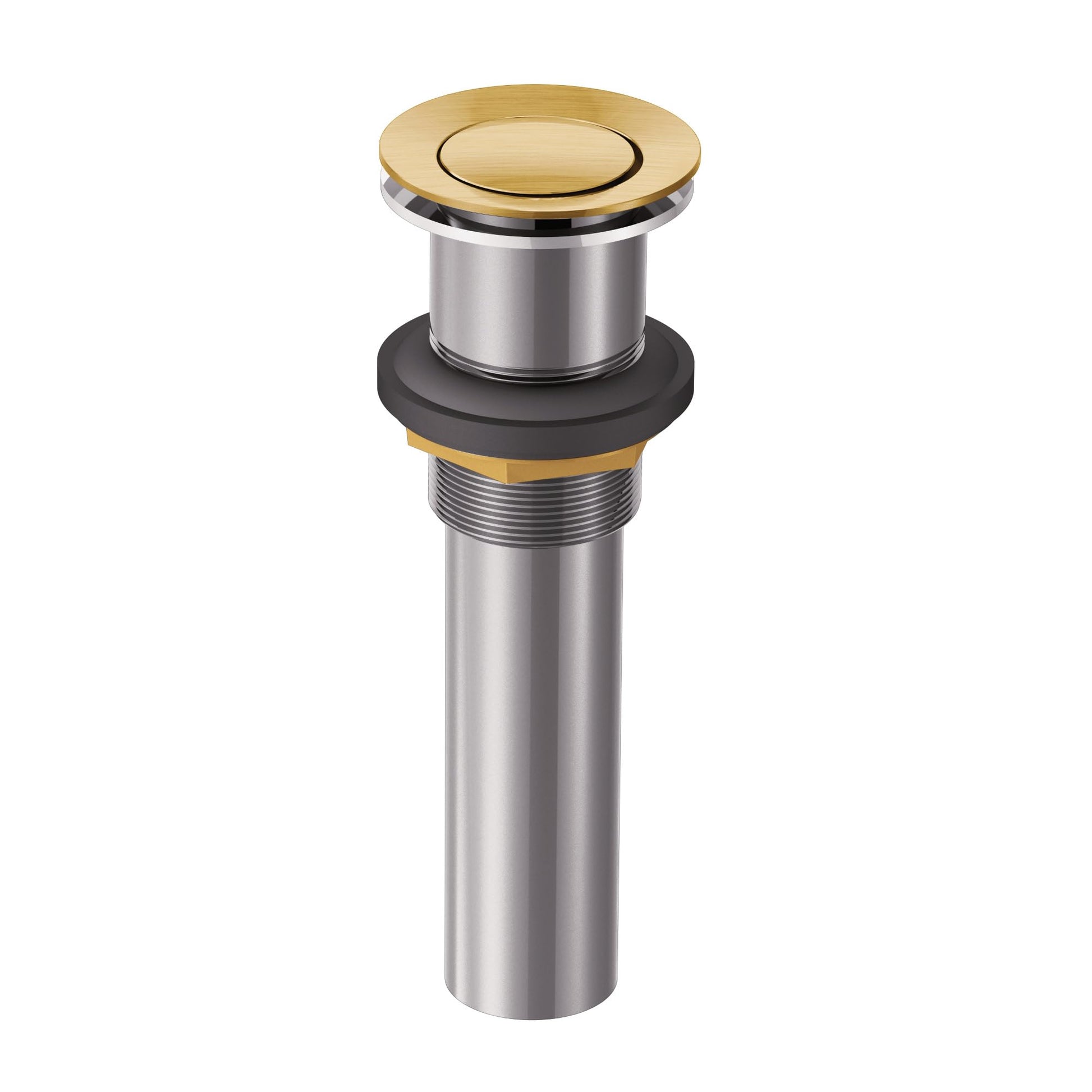 Pop-up bathroom sink drain with brushed gold cap, stainless steel body, and black rubber seal components.