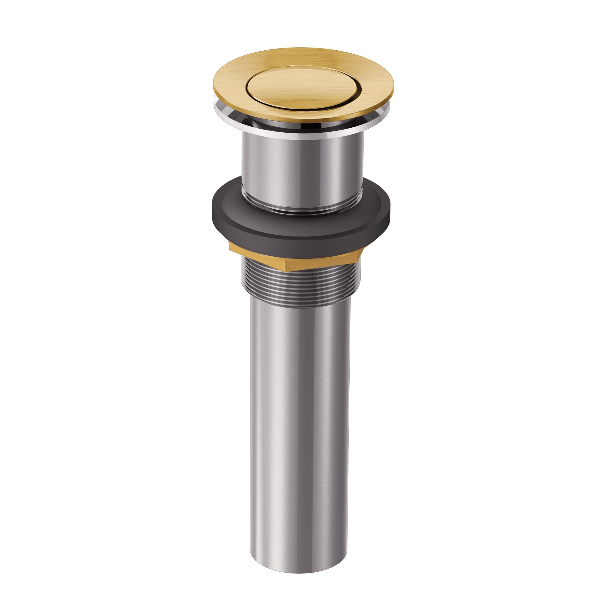 Pop-up bathroom sink drain with brushed gold cap, stainless steel body, and black rubber seal components.