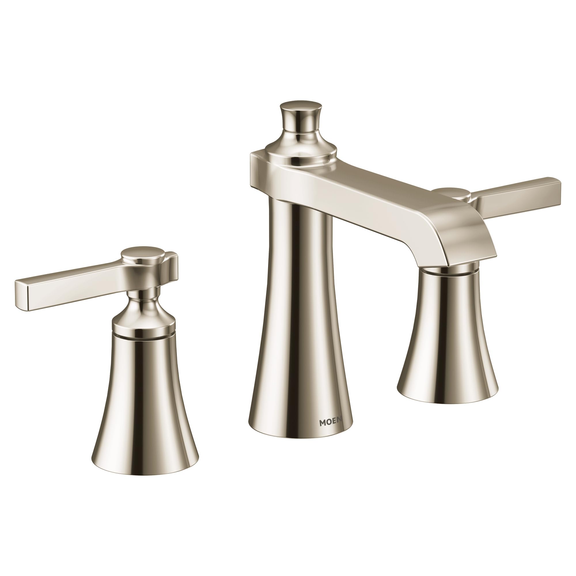 Polished nickel two-handle widespread bathroom faucet trim kit with lever handles and tall central spout.