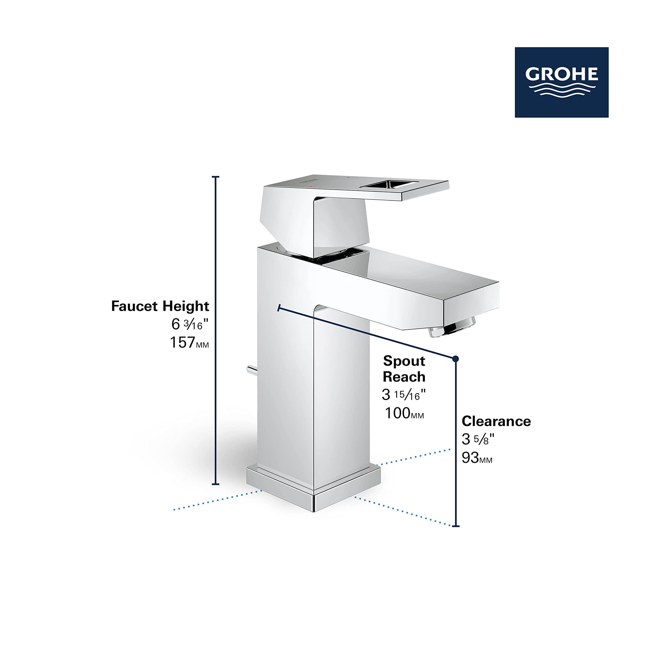 Matte black square bathroom faucet with single handle, labeled with dimensions showing 6.5" height, 3.9" spout reach, and 3.6