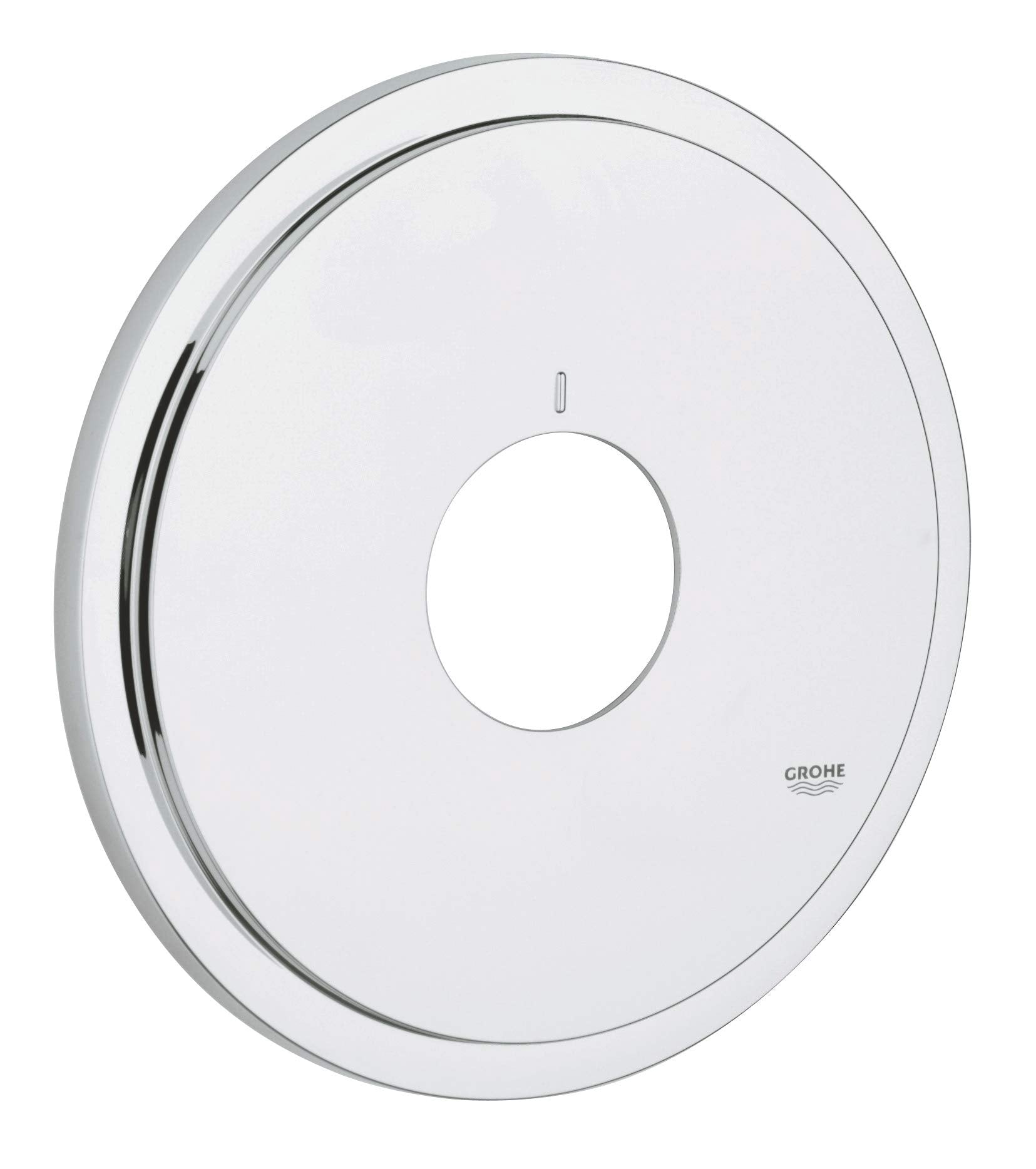 Chrome circular thermostatic valve escutcheon with central opening and Grohe branding.