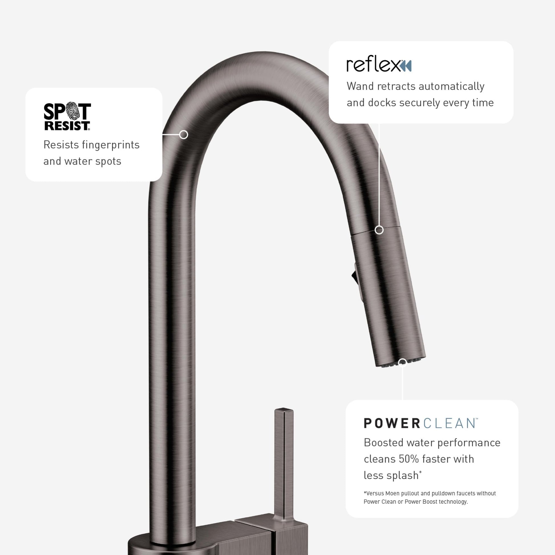 Black stainless steel high-arc kitchen faucet with pulldown wand and single handle control.