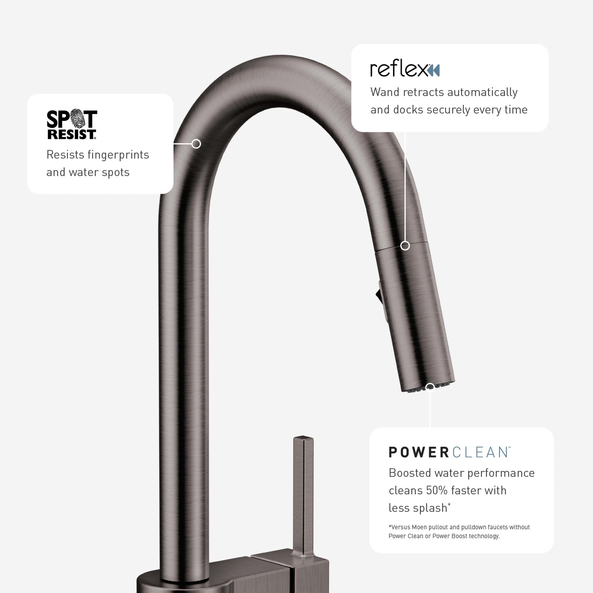 Black stainless steel high-arc kitchen faucet with pulldown wand and single handle control.