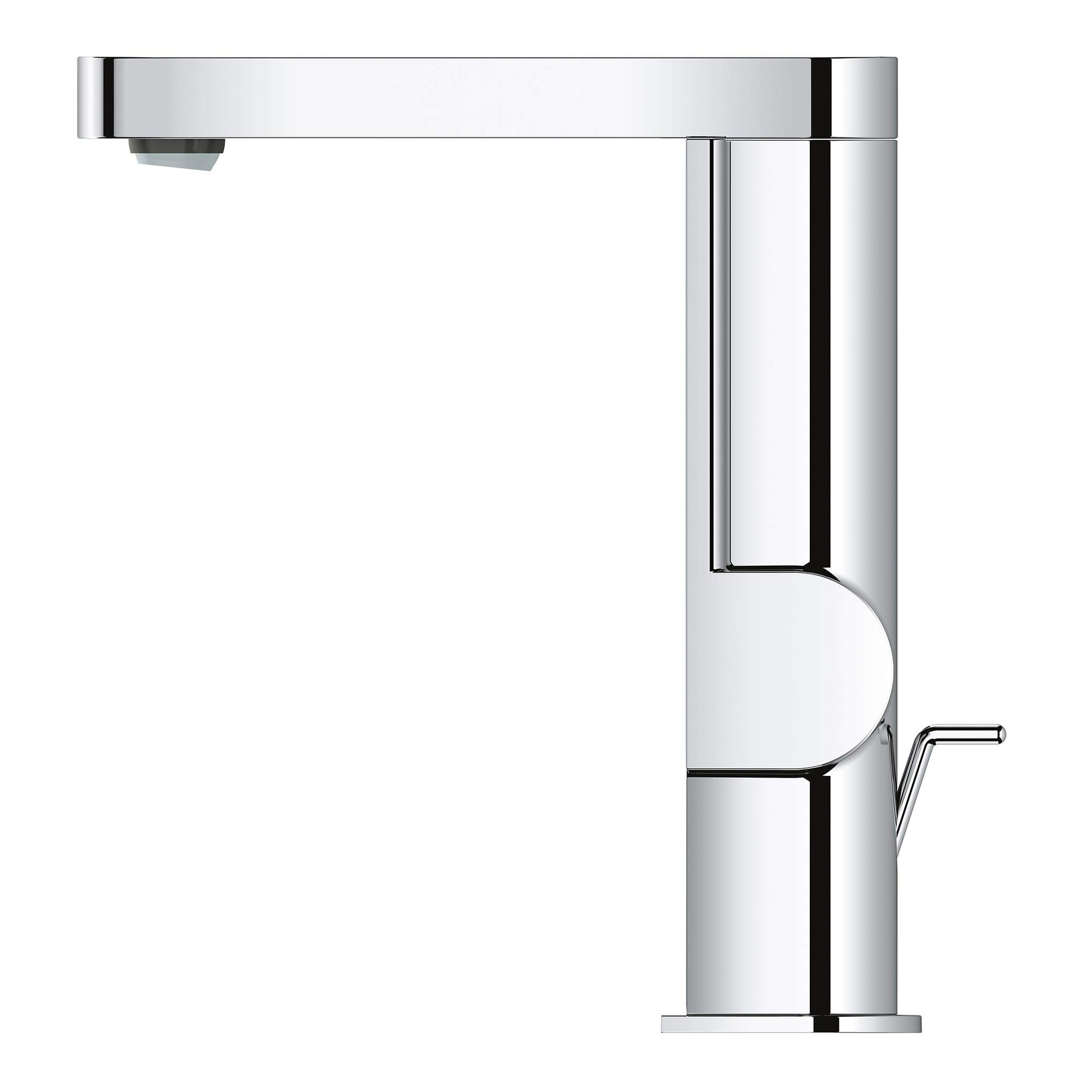 Polished chrome single-handle bathroom faucet with tall cylindrical body, curved spout, and lever handle.