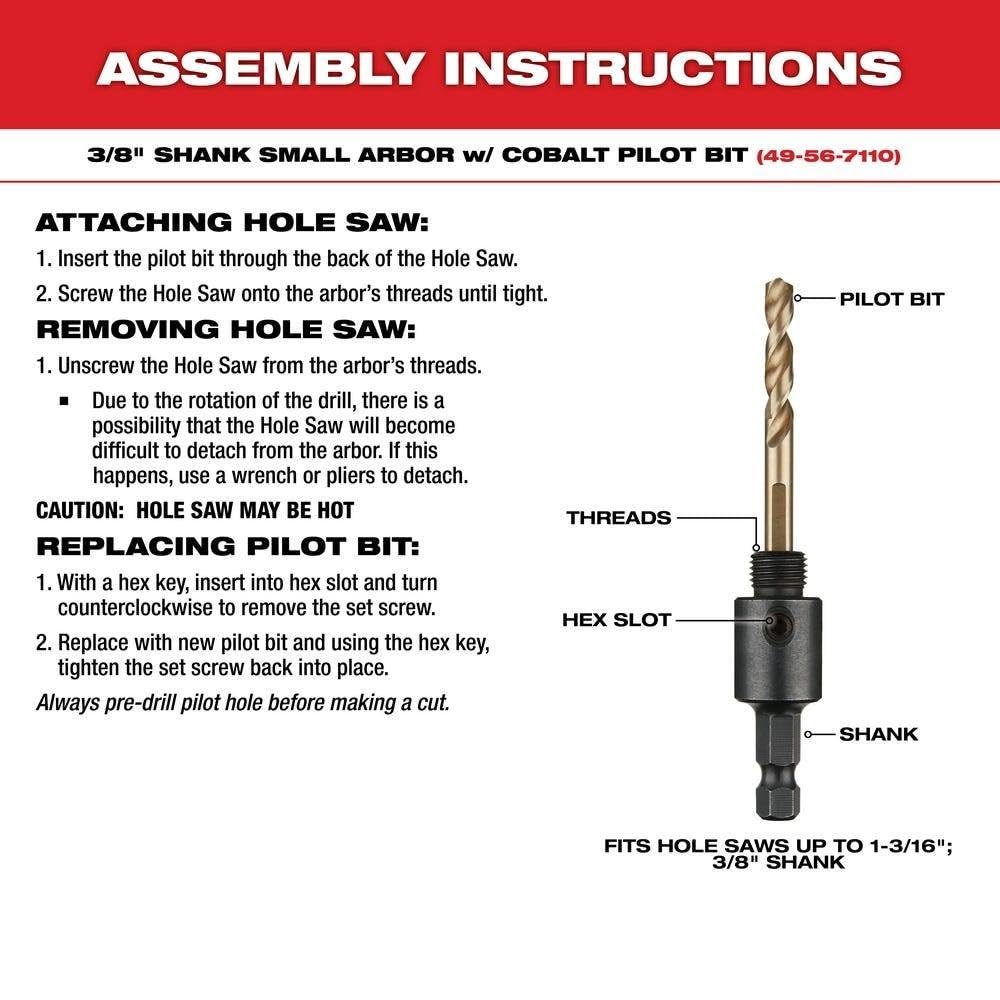 Assembly instructions diagram showing 3/8" shank arbor with cobalt pilot bit and labeled components for hole saw attachment a